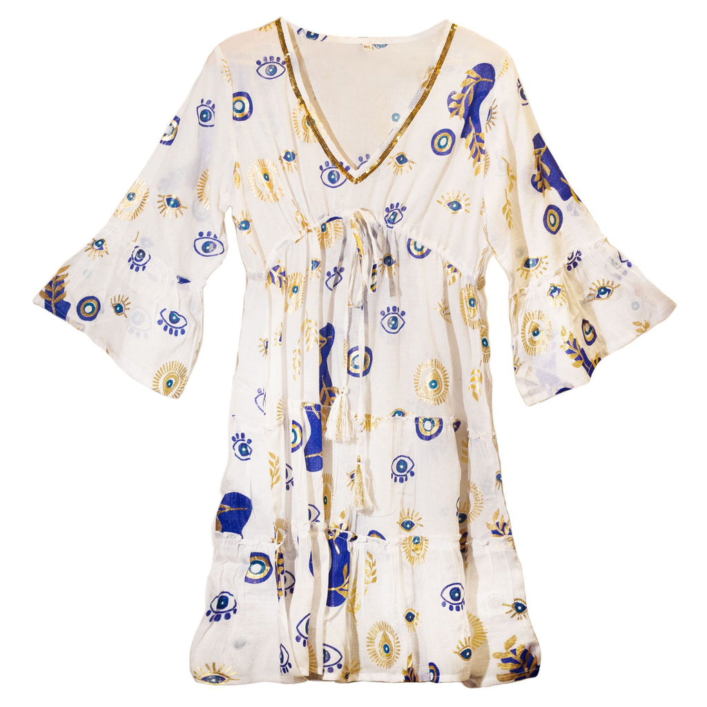 (LXL) Nomad Sari On the Med Kollektion – Kleid – Weiß, Blau & Gold Böser-Blick-Design
