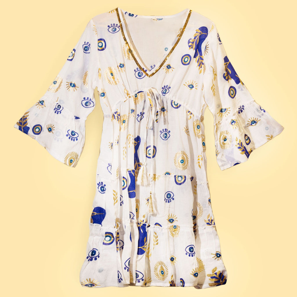 (LXL) Nomad Sari On the Med Kollektion – Kleid – Weiß, Blau & Gold Böser-Blick-Design