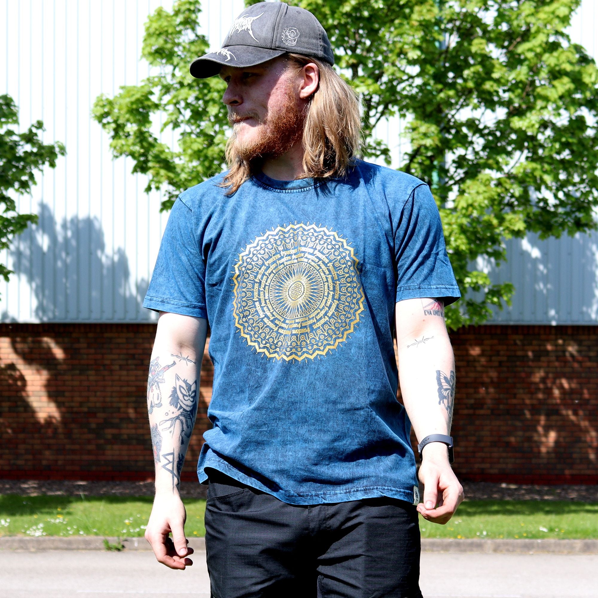 Nomad Sari Stonewashed Cotton T-Shirt – Mandala – Blue – Large