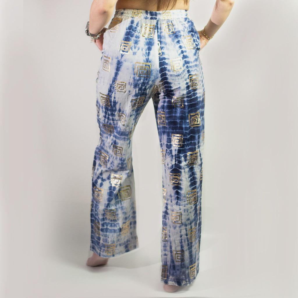 (ML) Nomad Sari On the Med Kollektion - Lounge-Hose - Gold & Blau Griechisches Motiv - Handbemalt