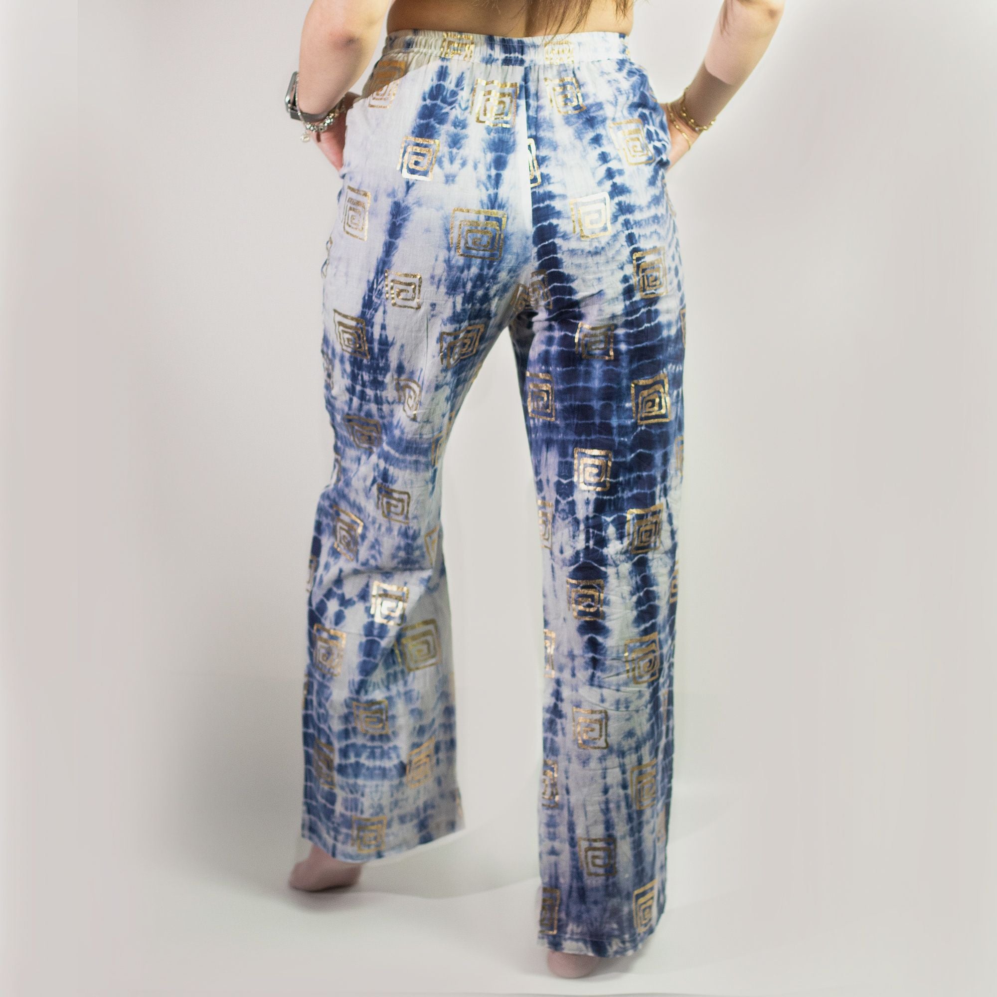 (ML) Nomad Sari On the Med Kollektion - Lounge-Hose - Gold & Blau Griechisches Motiv - Handbemalt