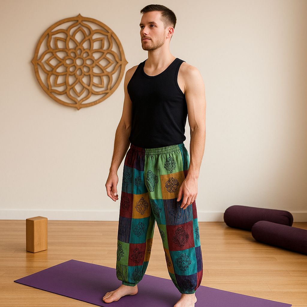 Nomad Sari – Pilzhose – Blockdruck-Designs – Grüntöne (110x120cm) L/XL