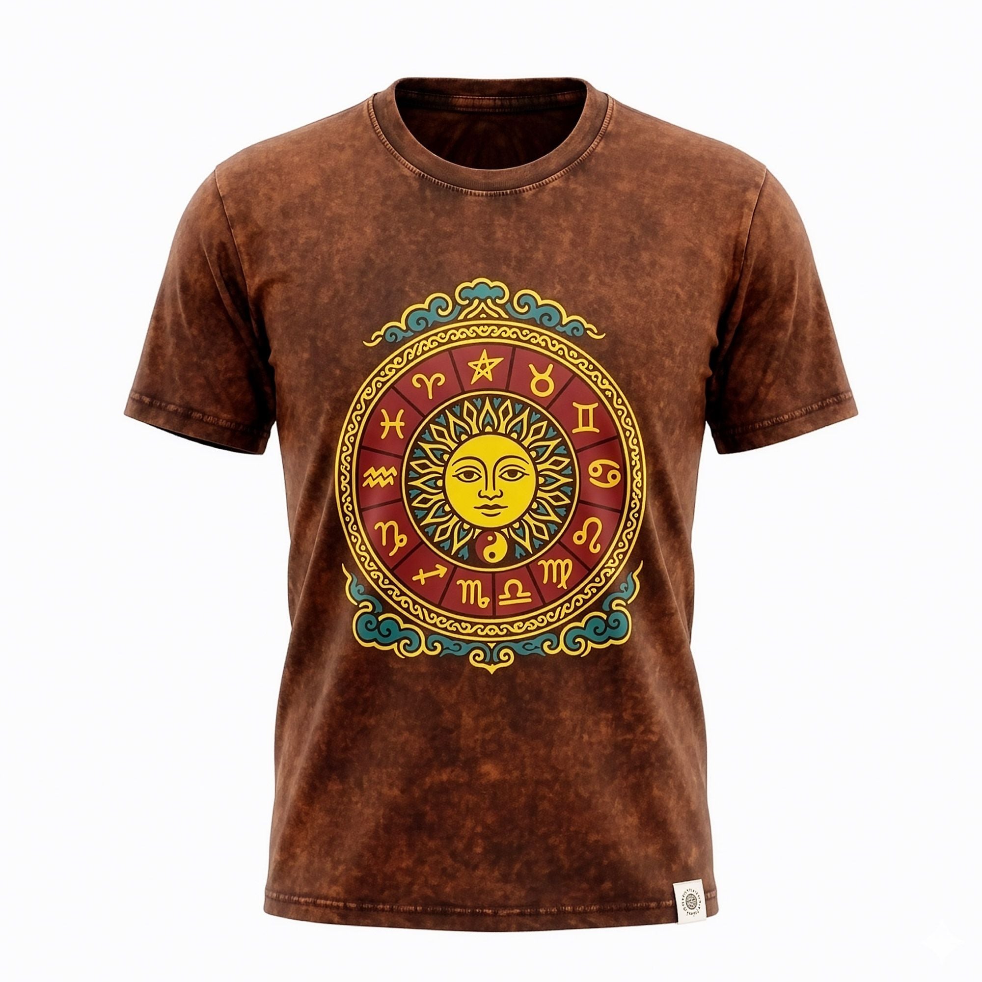 Nomad Sari Stonewashed Baumwoll-T-Shirt – Sonne & Tierkreiszeichen – Braun – Medium