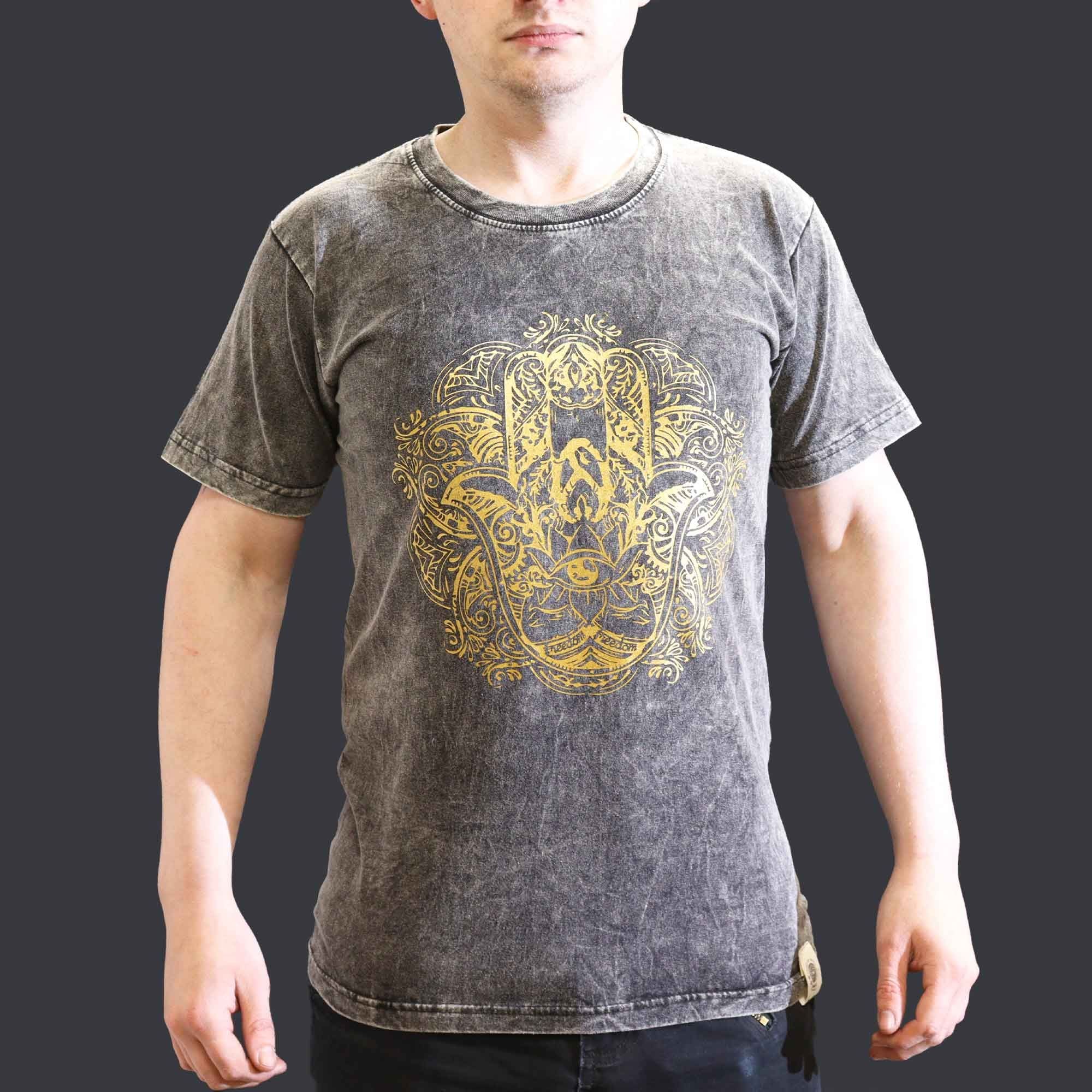 T-shirt in cotone stonewashed Nomad Sari – Hamsa – Grigio scuro – Piccolo