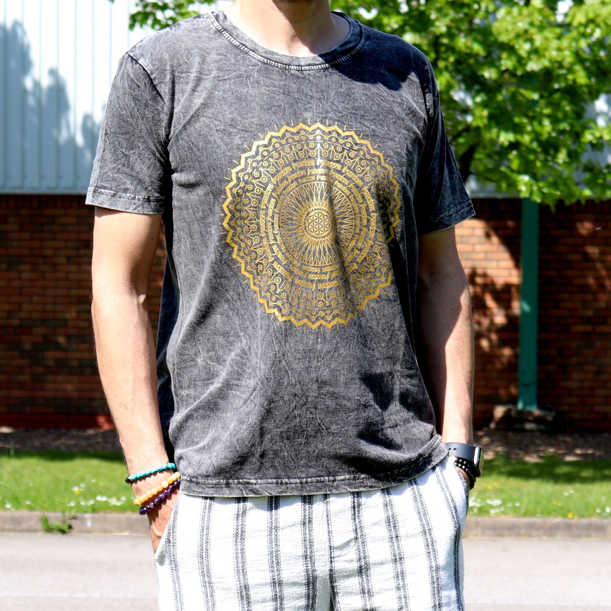 Nomad Sari Stonewashed Cotton T-Shirt - Mandala - Dark Grey - Medium