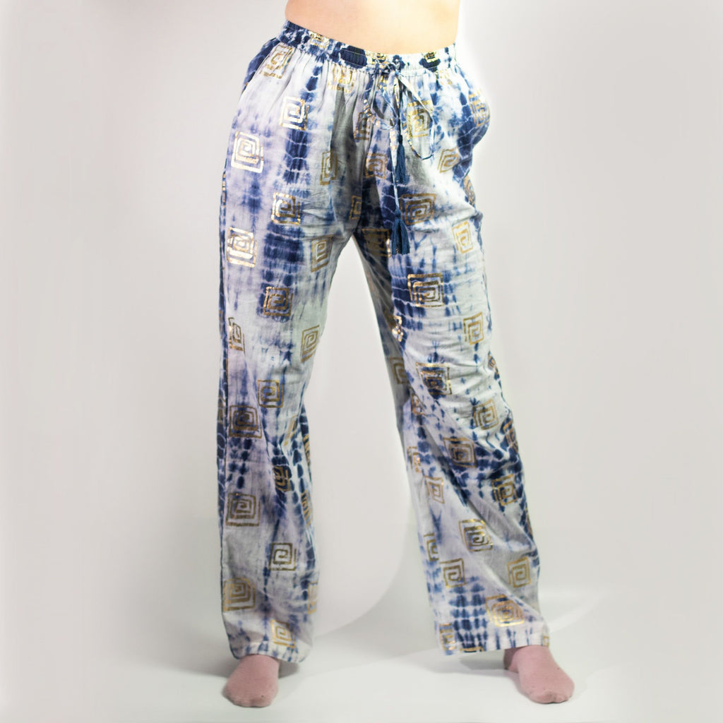 (ML) Nomad Sari On the Med Kollektion - Lounge-Hose - Gold & Blau Griechisches Motiv - Handbemalt