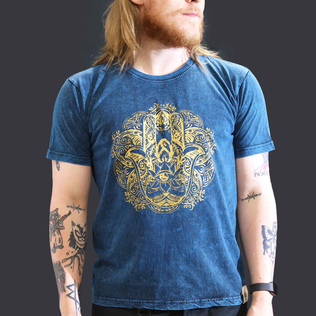 T-shirt in cotone stonewashed Nomad Sari – Hamsa – Blu – Grande