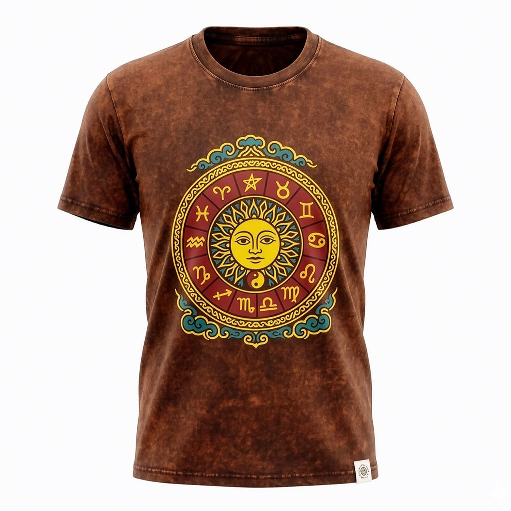 Nomad Sari Stonewashed Baumwoll-T-Shirt – Sun & Zodiac – Braun – Large