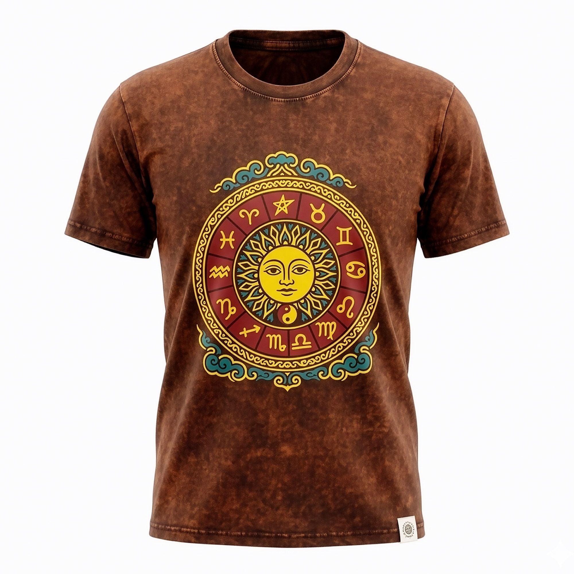 Nomad Sari Stonewashed Baumwoll-T-Shirt – Sun & Zodiac – Braun – Large