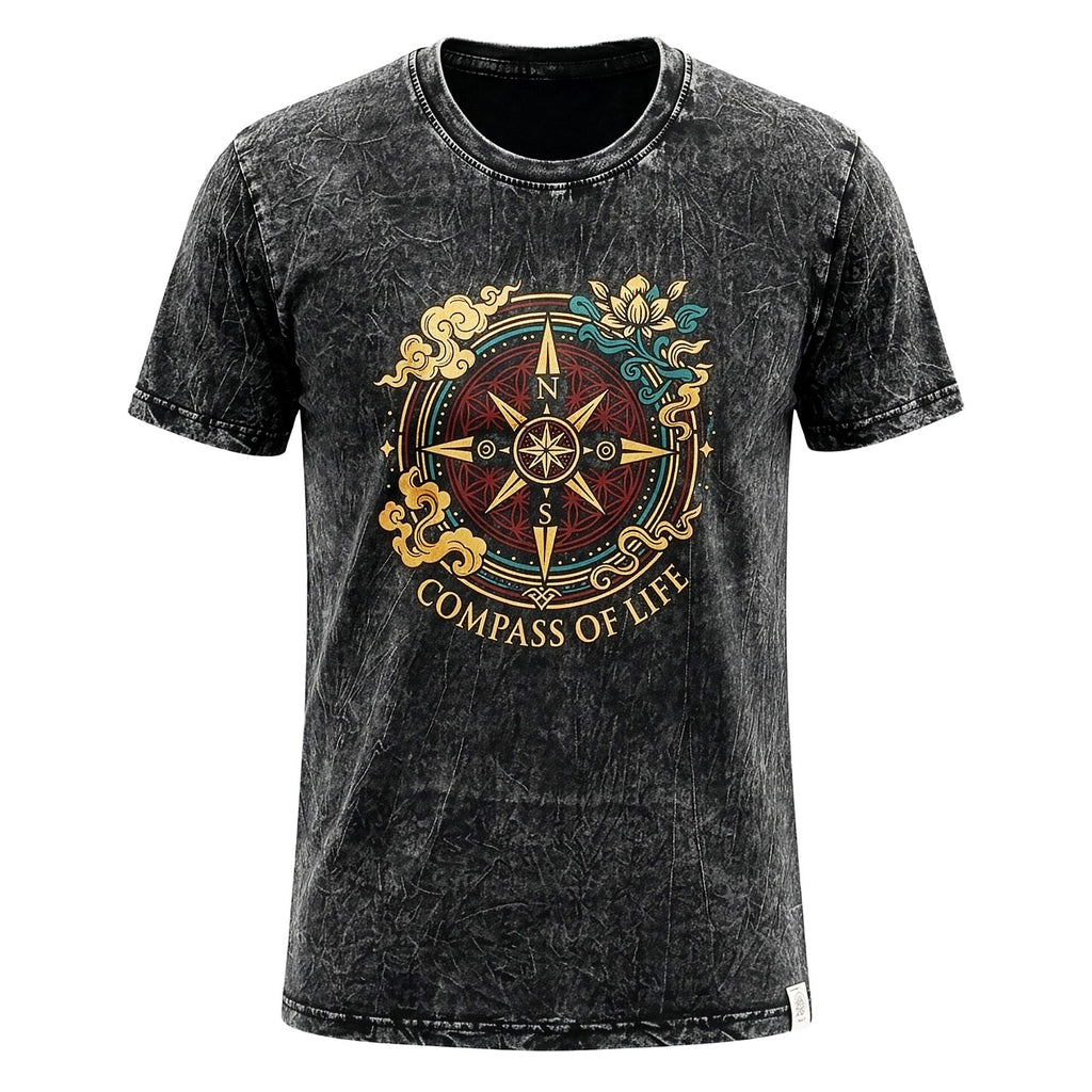 Nomad Sari Stonewashed Cotton T-Shirt - Compass of Life - Charcoal - Large