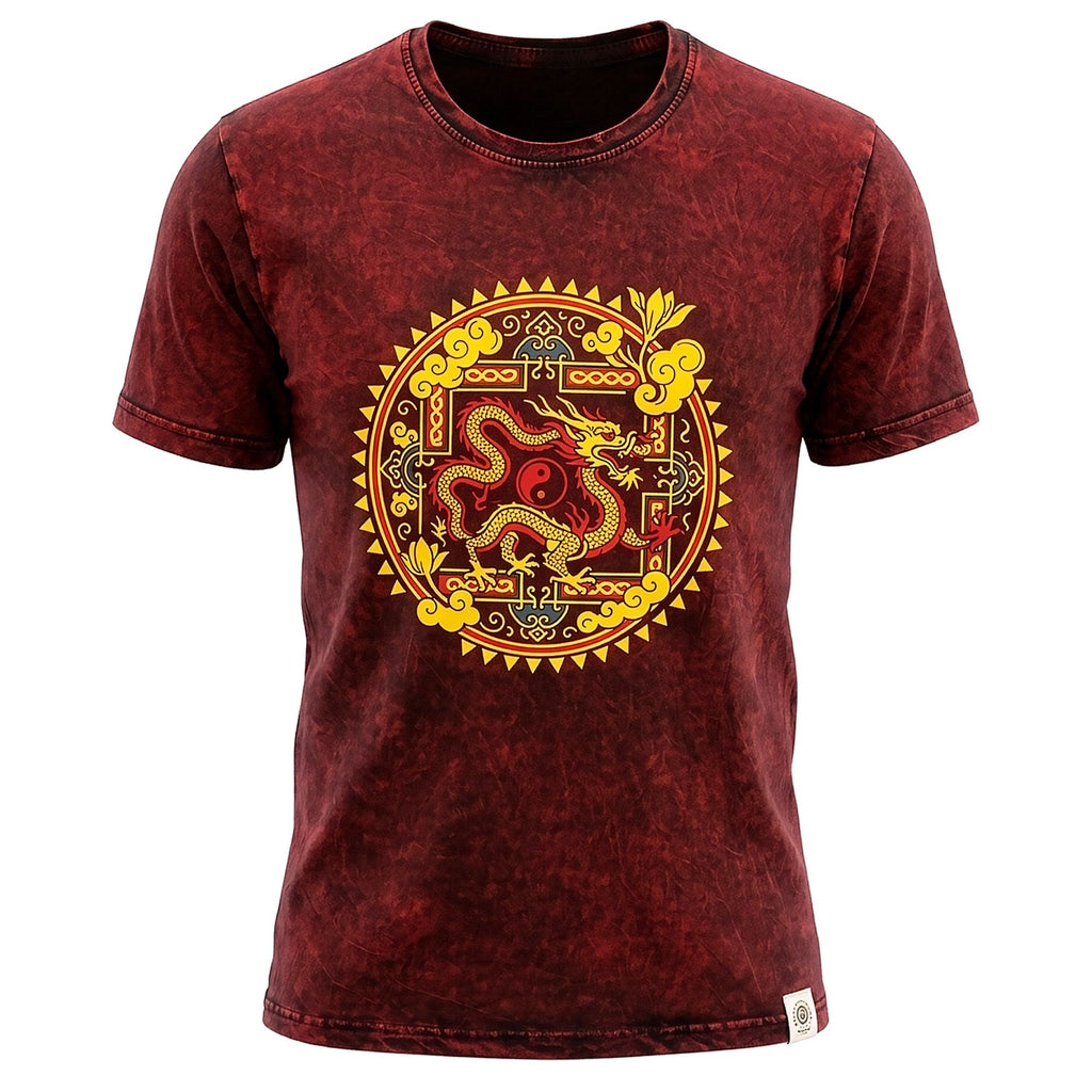 Nomad Sari Stonewashed Baumwoll-T-Shirt – Drachen-Mandala – Weinrot – XL