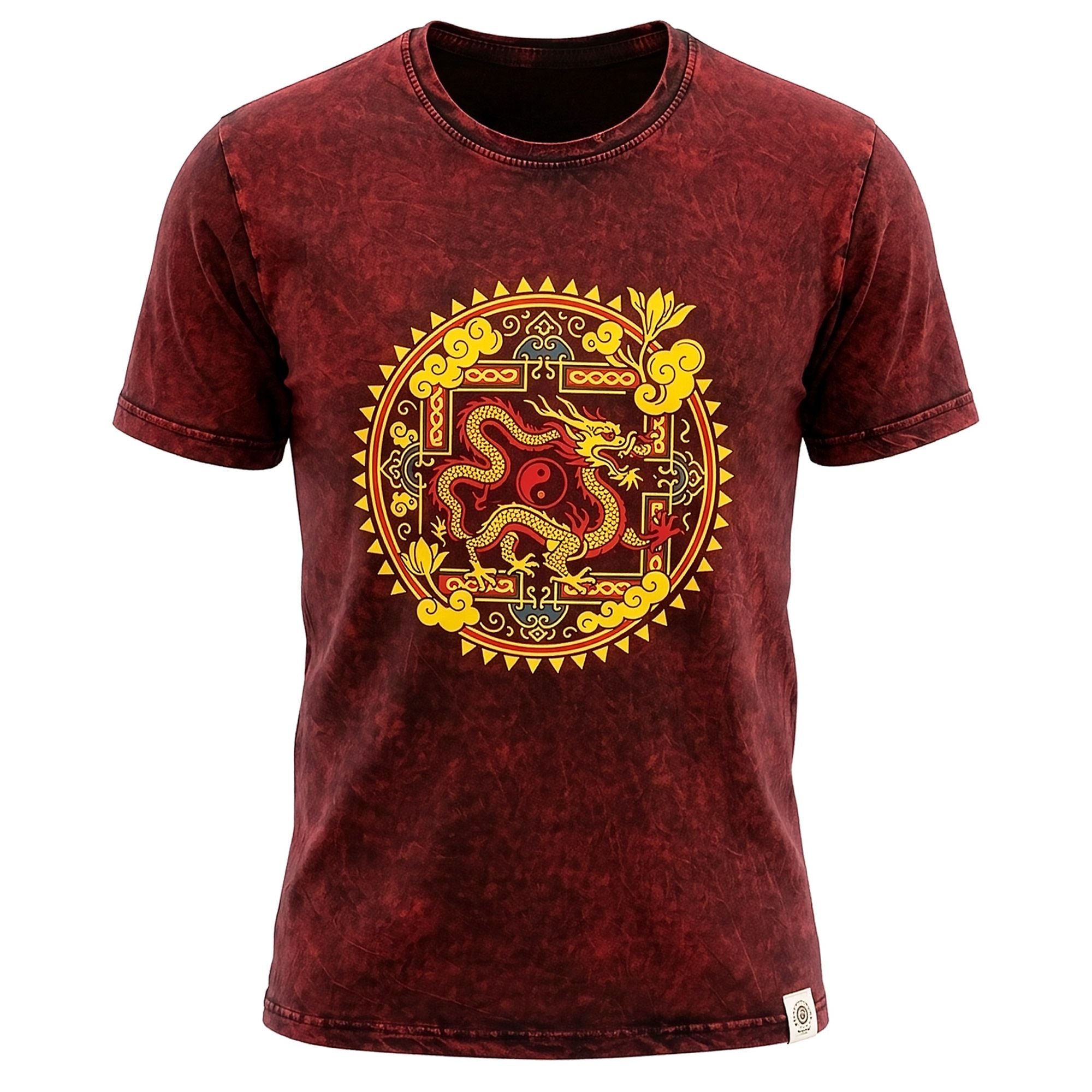 Nomad Sari Stonewashed Baumwoll-T-Shirt – Drachen-Mandala – Weinrot – XL