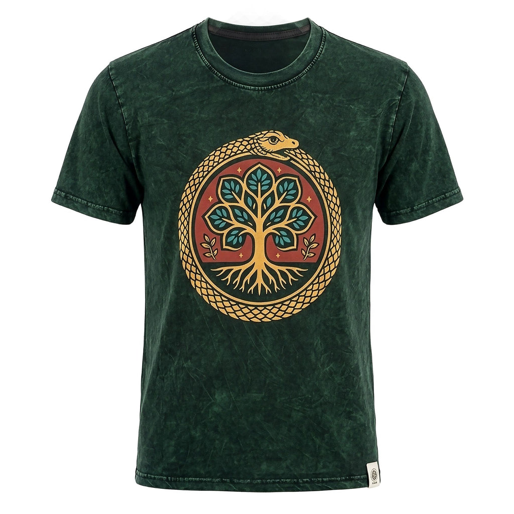 Nomad Sari Stonewashed Cotton T-Shirt - Tree of Life - Green - Large