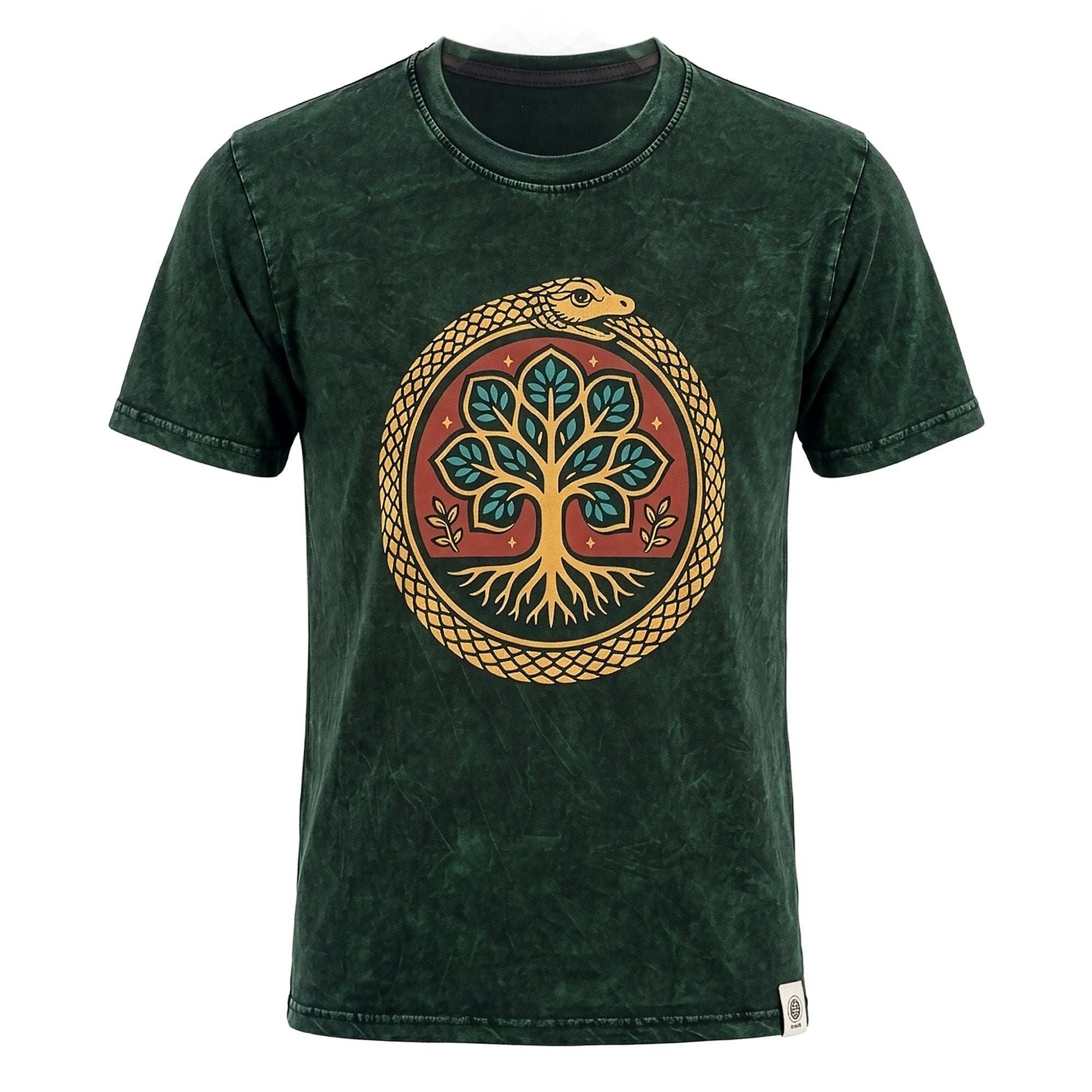 Nomad Sari Stonewashed Cotton T-Shirt - Tree of Life - Green - Large