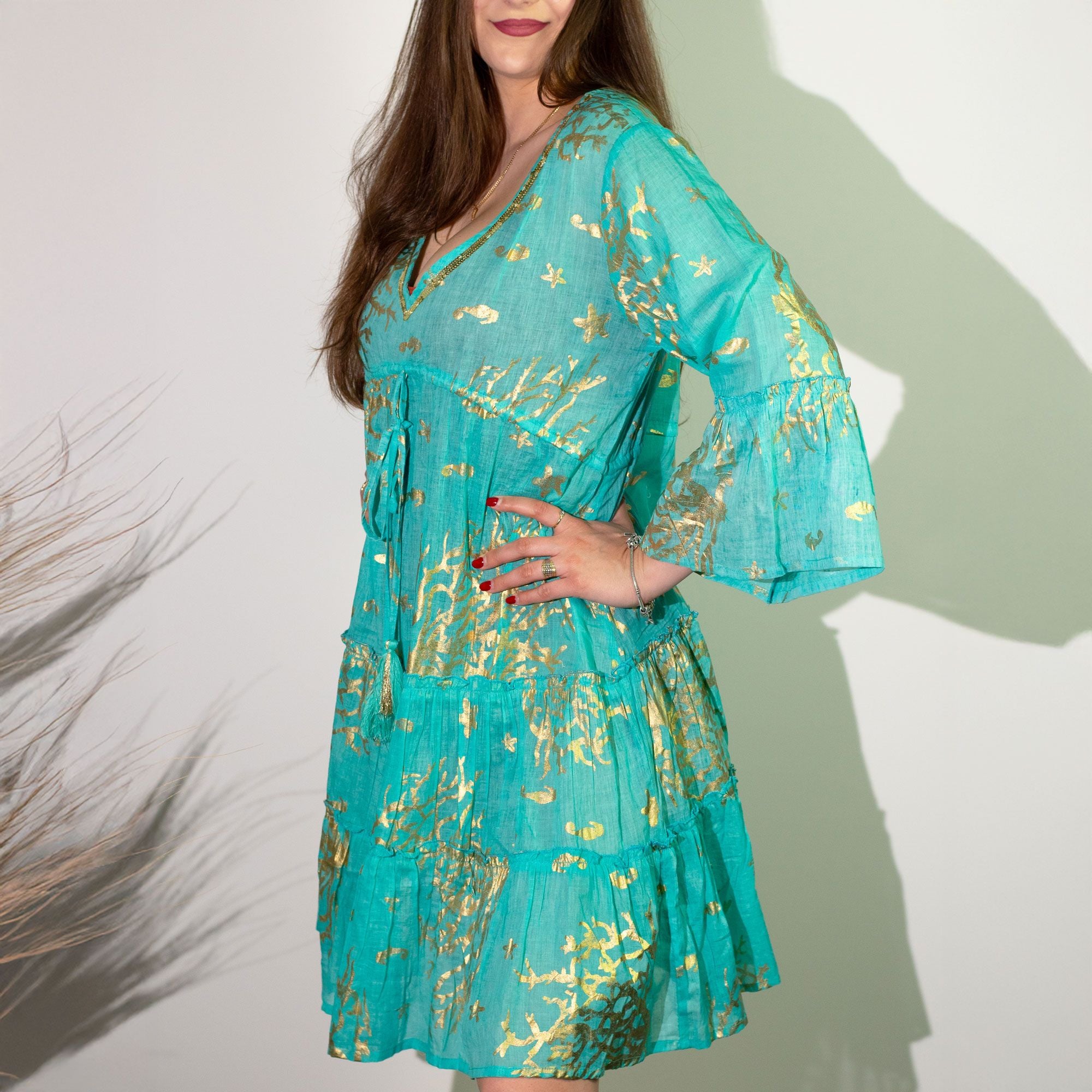 (LXL) Nomad Sari On the Med Collection - Dress - Turquoise & Gold Coral Design