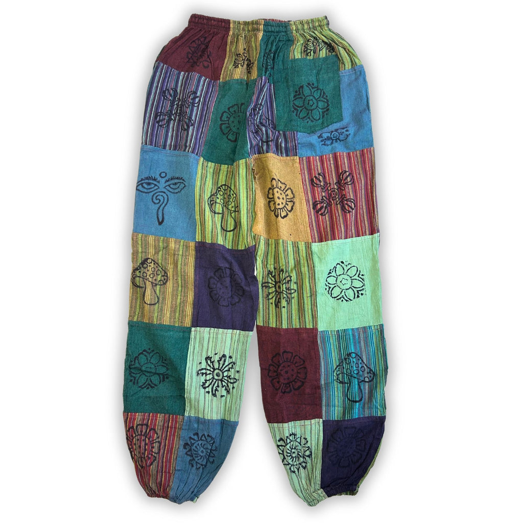Nomad Sari – Pilzhose – Blockdruck-Designs – Grüntöne (110x120cm) L/XL