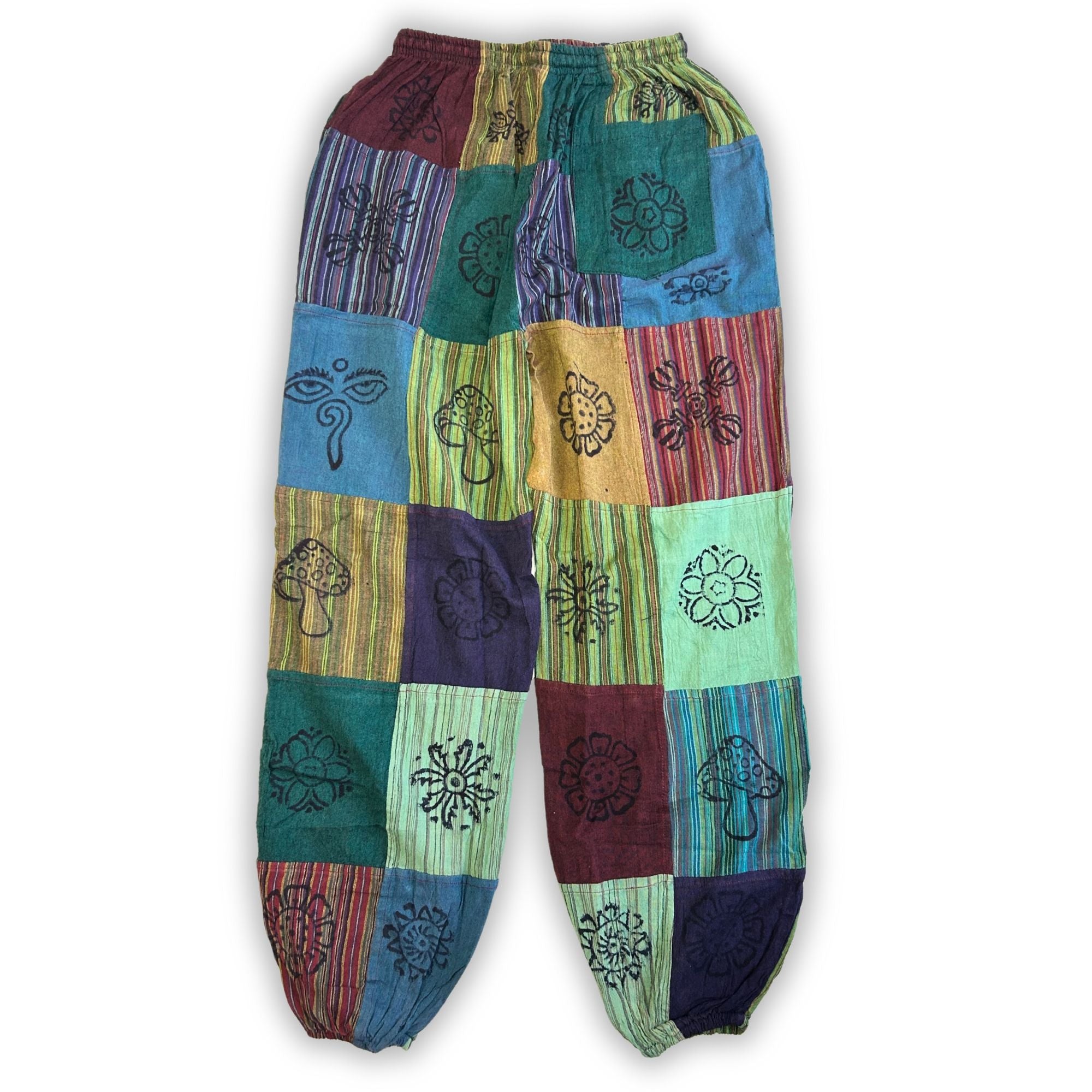Nomad Sari – Pilzhose – Blockdruck-Designs – Grüntöne (110x120cm) L/XL
