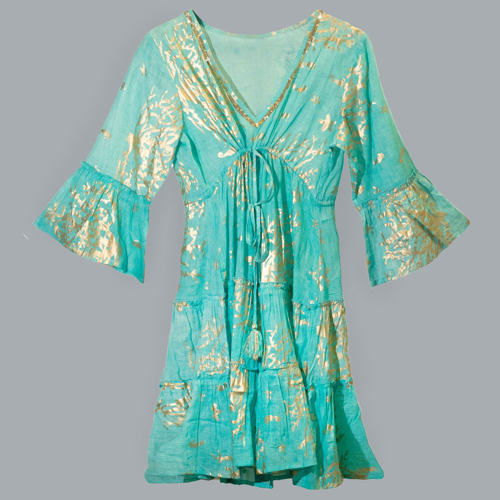 (LXL) Nomad Sari On the Med Collection - Kleid - Türkis & Gold Korallendesign