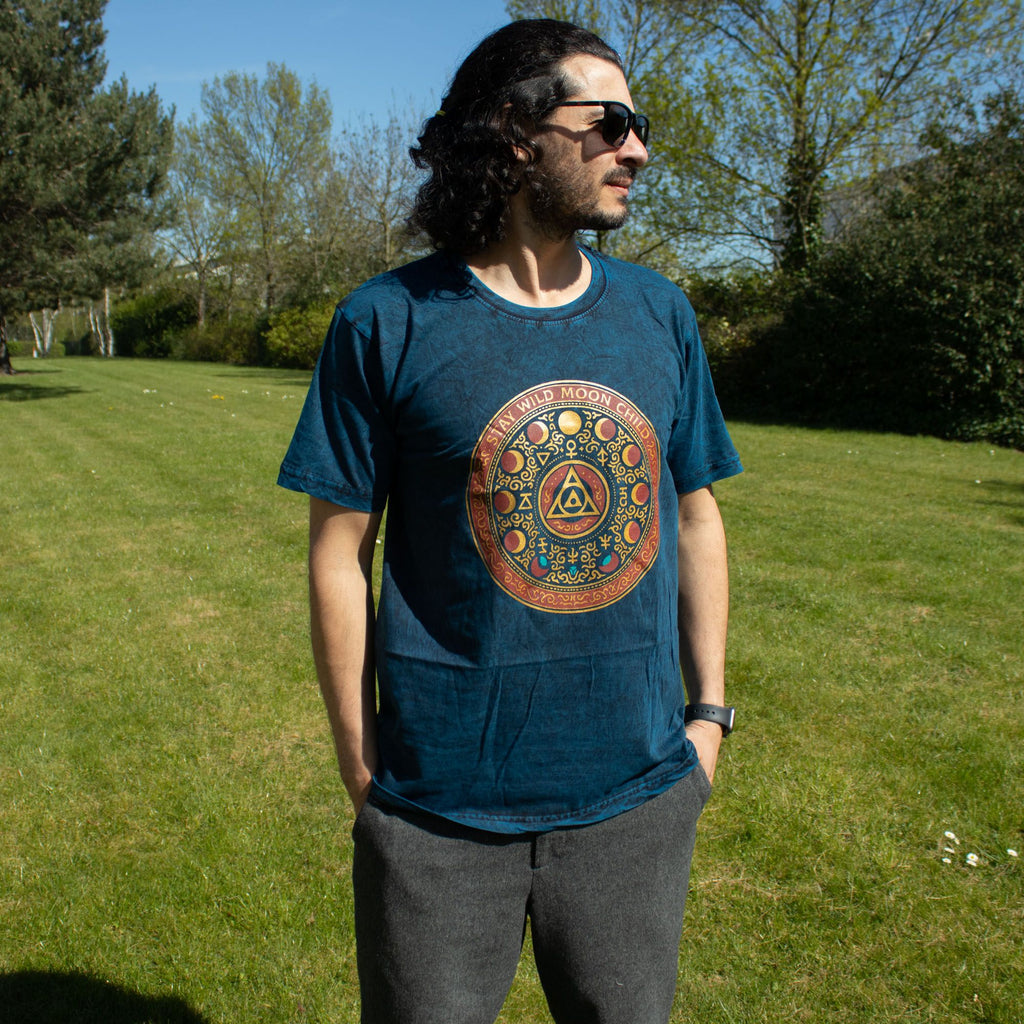 Nomad Sari Stonewashed Cotton T-Shirt - Stay Wild Moon Child - Blue - Medium