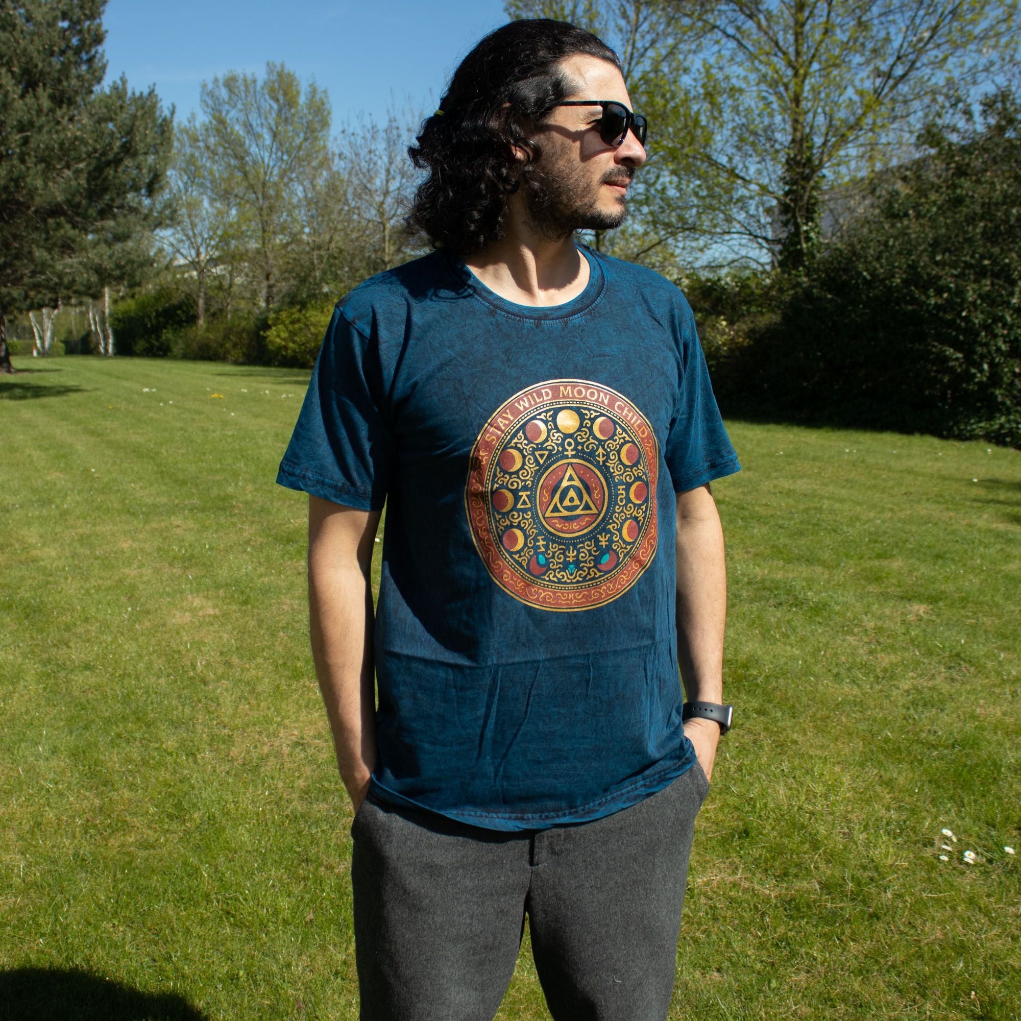 Nomad Sari Stonewashed Cotton T-Shirt - Stay Wild Moon Child - Blue - Medium