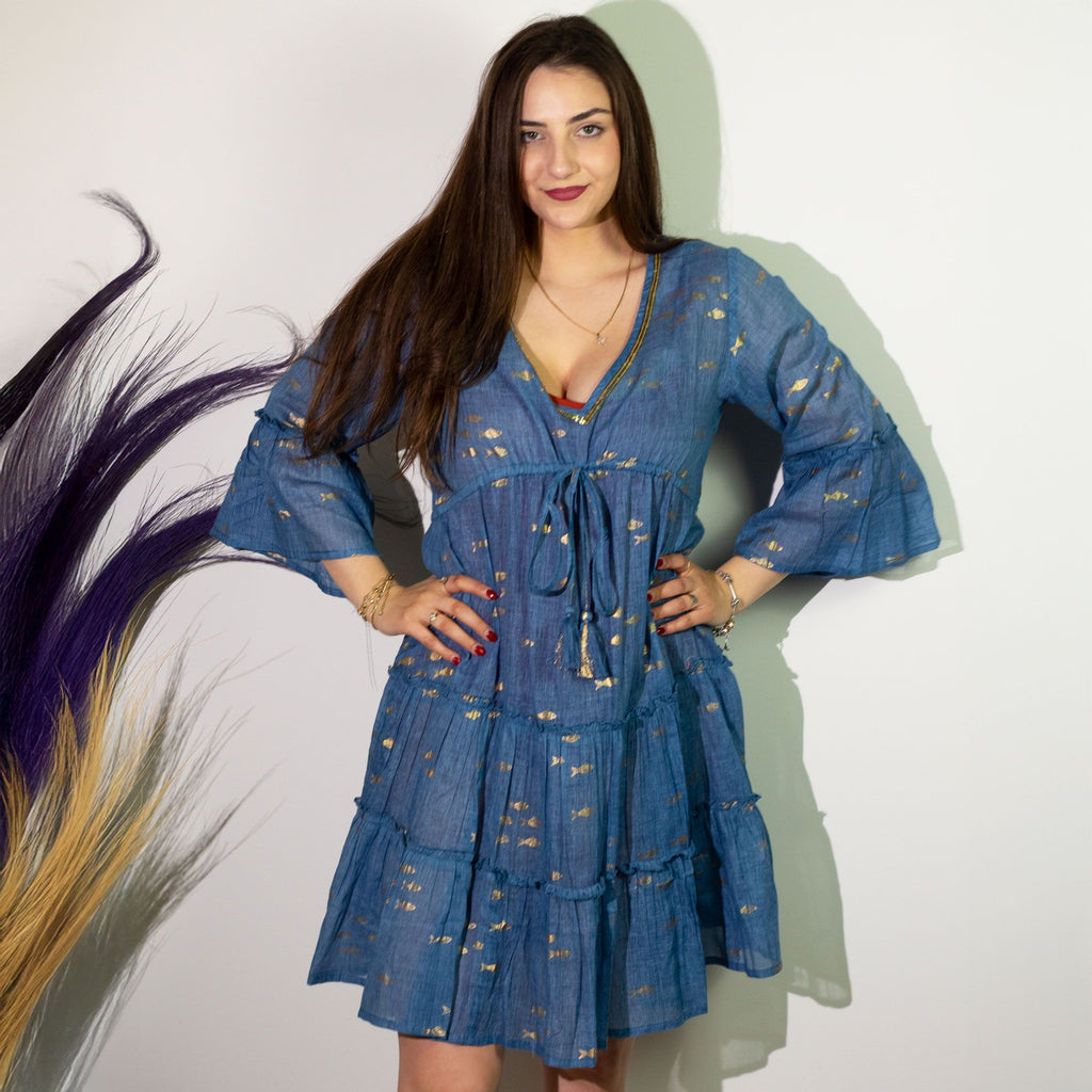 (LXL) Nomad Sari On the Med Collection - Kleid - Seeblau & Goldfischmuster