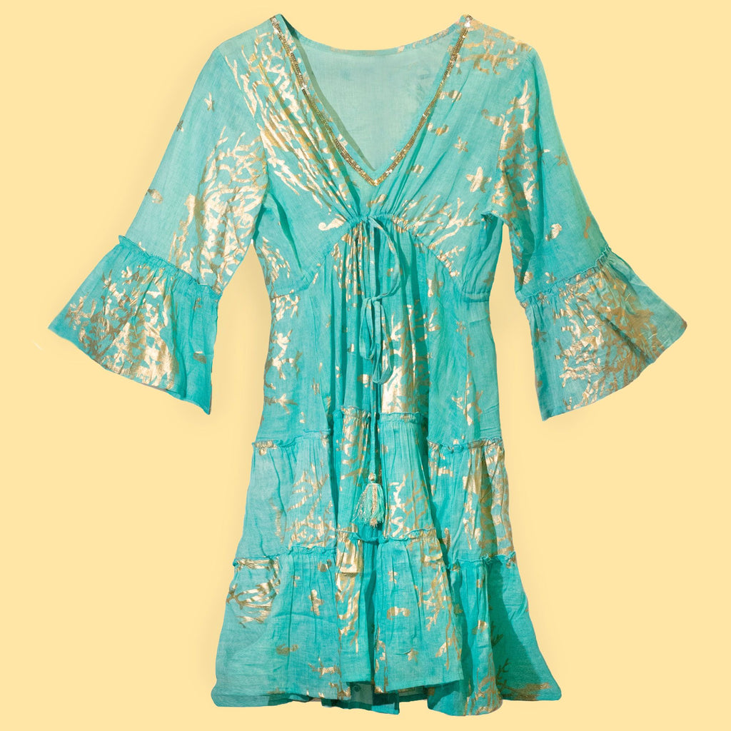 (LXL) Nomad Sari On the Med Collection - Kleid - Türkis & Gold Korallendesign