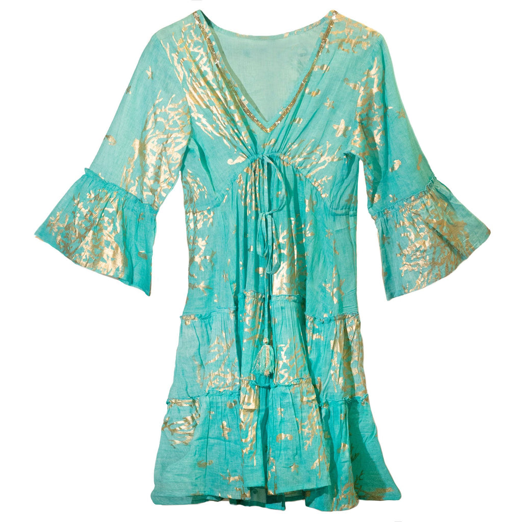 (LXL) Nomad Sari On the Med Collection - Kleid - Türkis & Gold Korallendesign