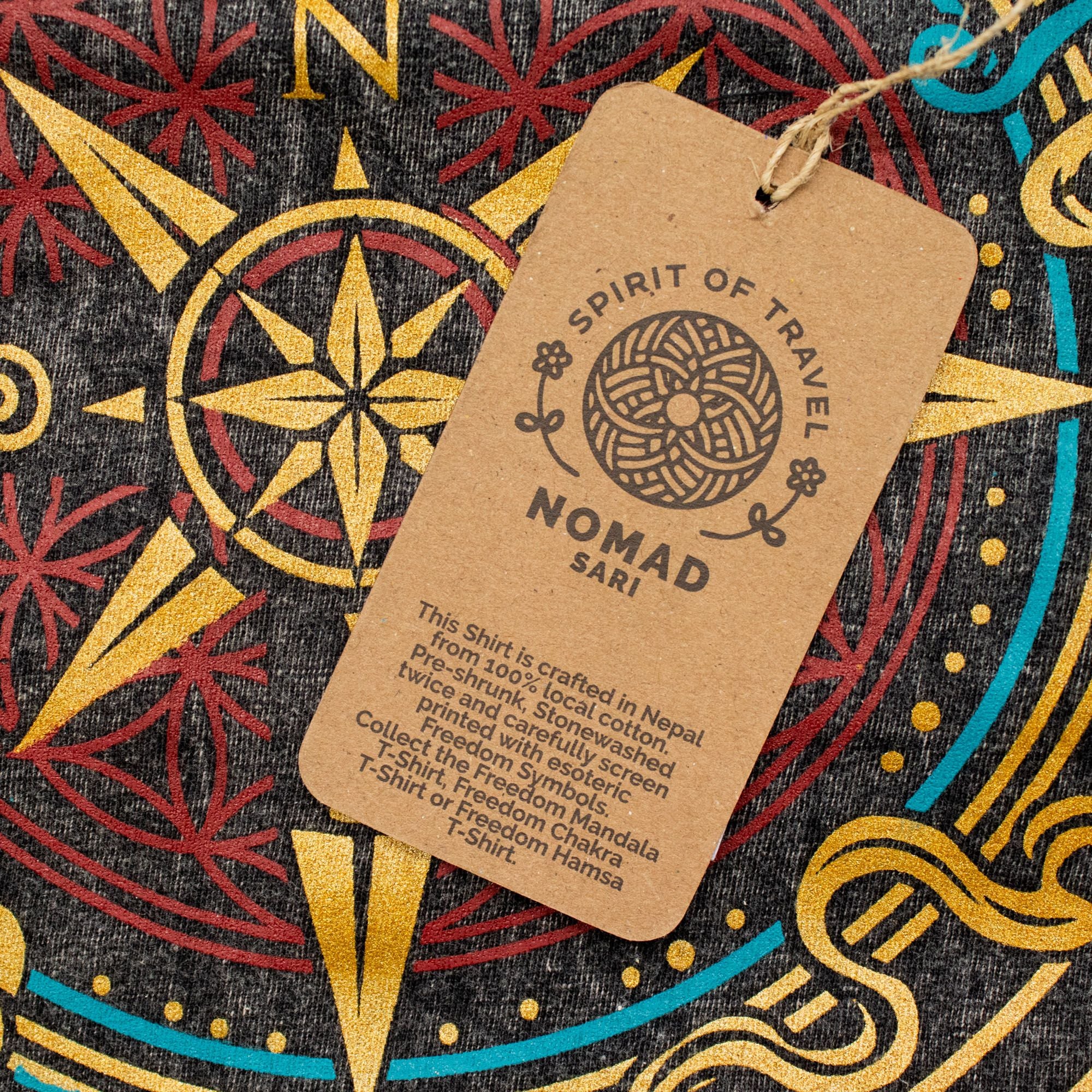 Nomad Sari Stonewashed Cotton T-Shirt - Compass of Life - Charcoal - Large