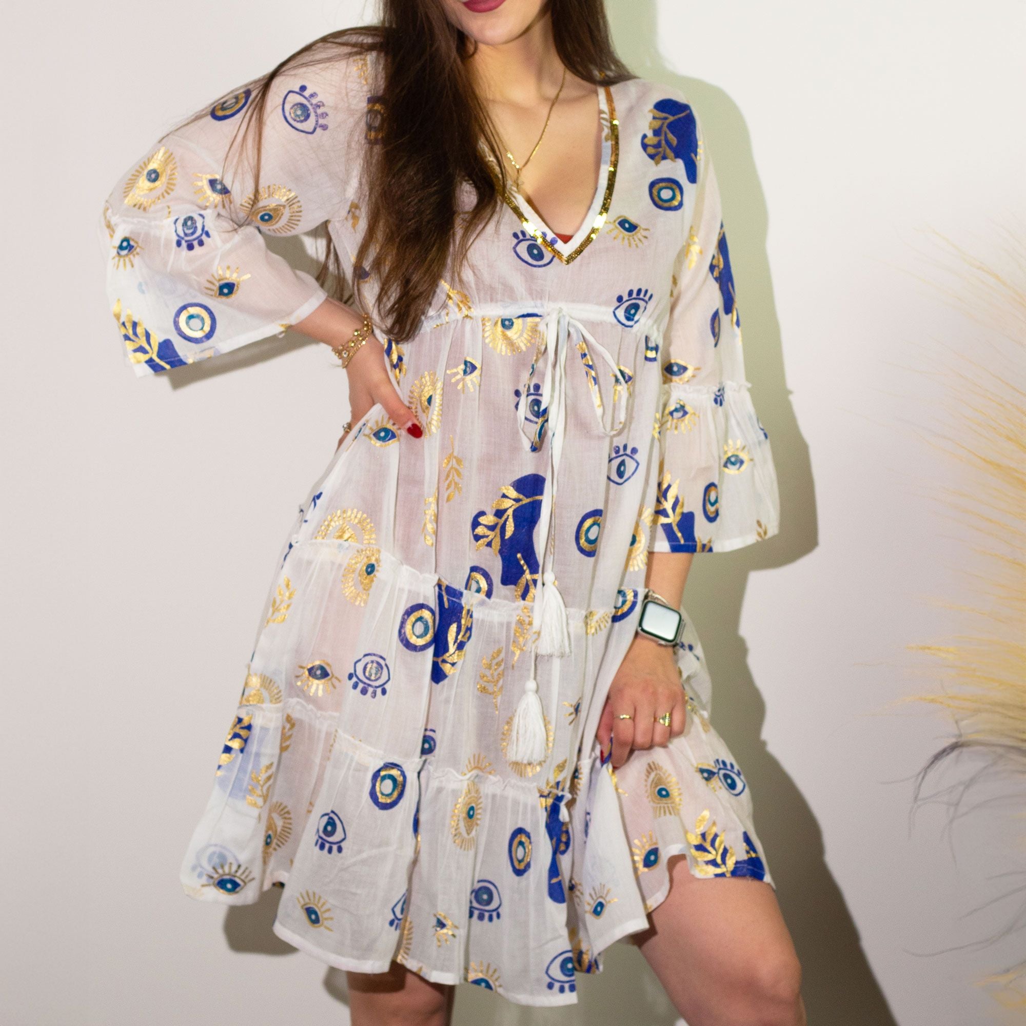 (LXL) Nomad Sari On the Med Collection - Dress -  White , Blue & Gold Evil Eye Design