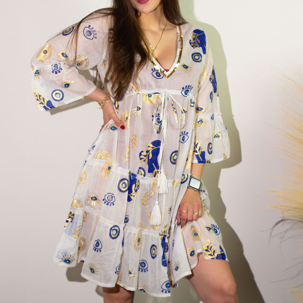 Nomad Sari Evil Eye Dress – White, Blue & Gold – Size M/L