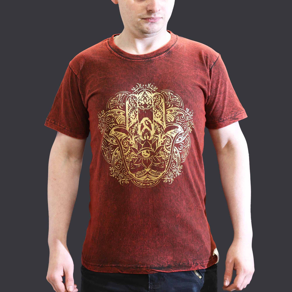 Nomad Sari Stonewashed Cotton T-Shirt – Hamsa – Maroon – Small
