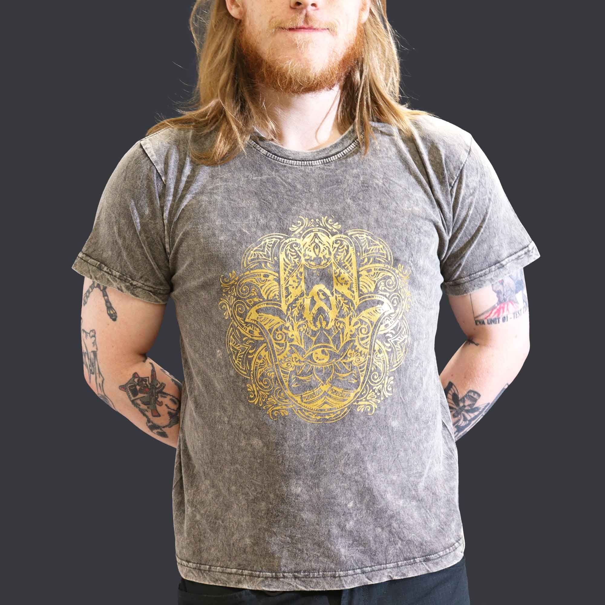 T-shirt in cotone stonewashed Nomad Sari – Hamsa – Grigio scuro – Grande
