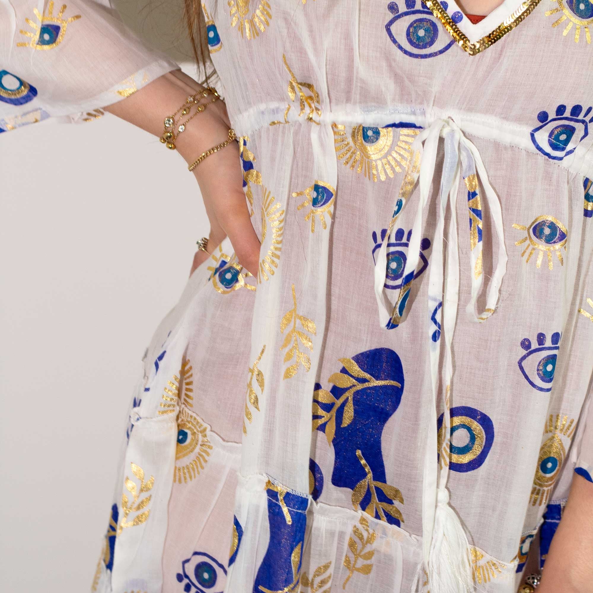 (LXL) Nomad Sari On the Med Collection - Dress -  White , Blue & Gold Evil Eye Design