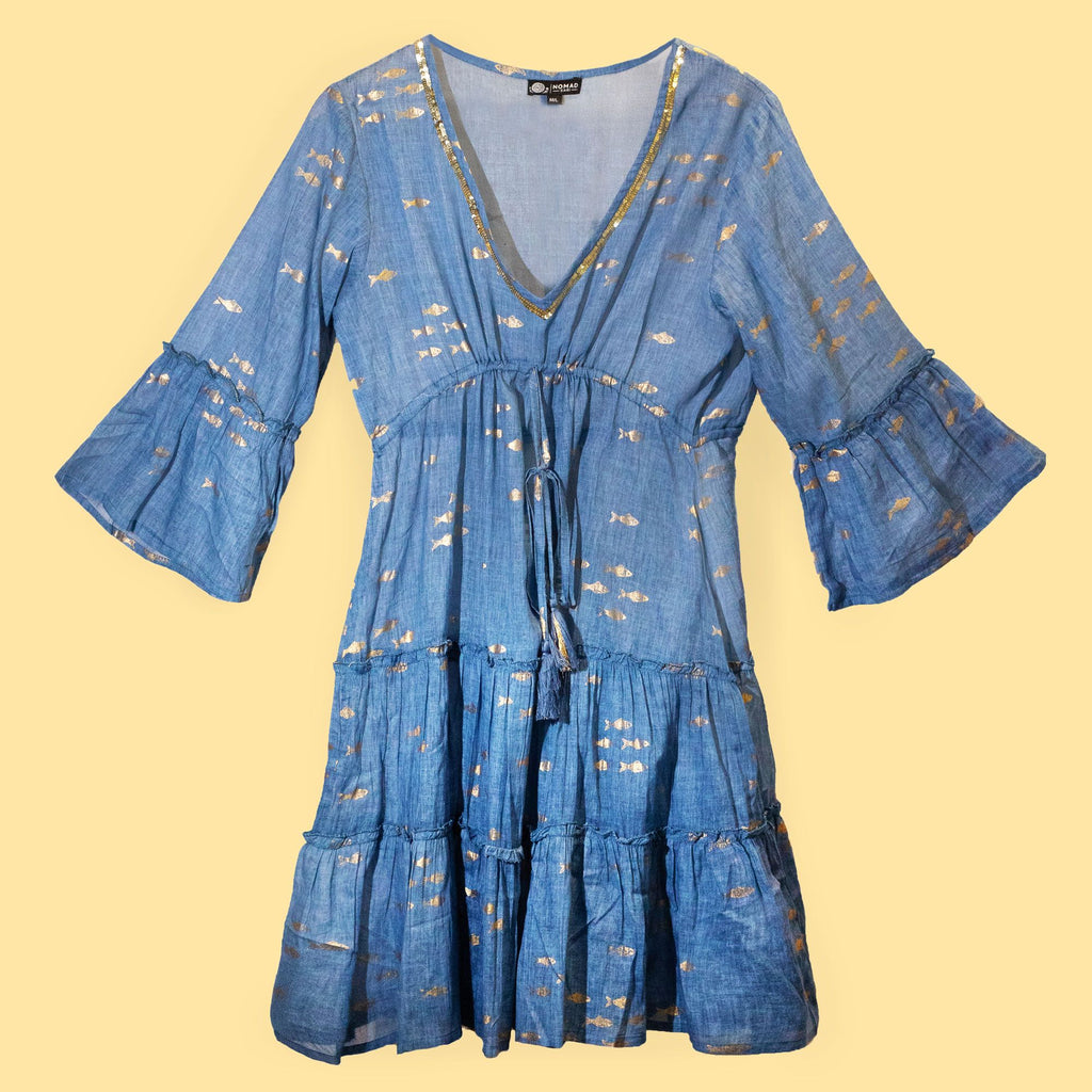 (LXL) Nomad Sari On the Med Collection - Kleid - Seeblau & Goldfischmuster