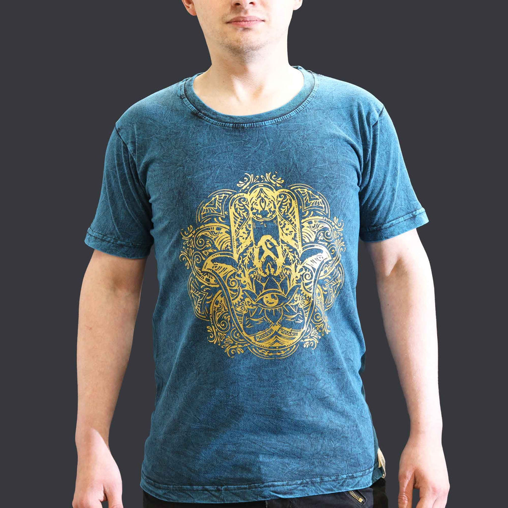 Nomad Sari Stonewashed Cotton T-Shirt – Hamsa – Blue – Small