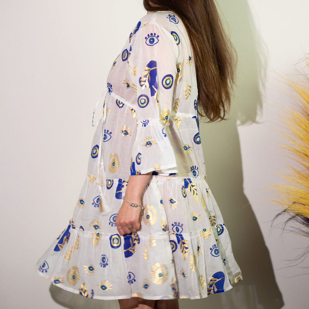 Nomad Sari Evil Eye Dress – White, Blue & Gold – Size M/L