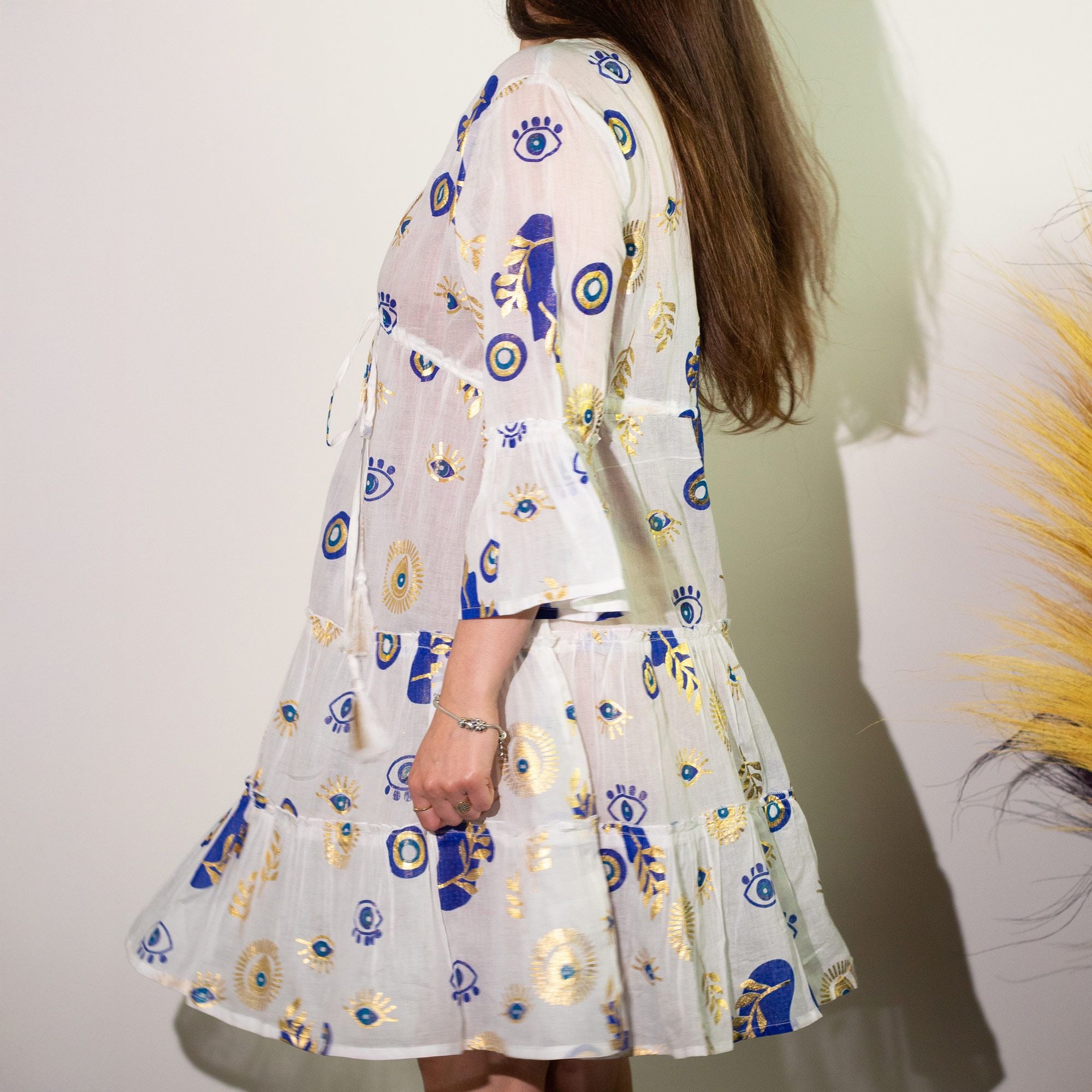 Nomad Sari Evil Eye Dress – White, Blue & Gold – Size M/L