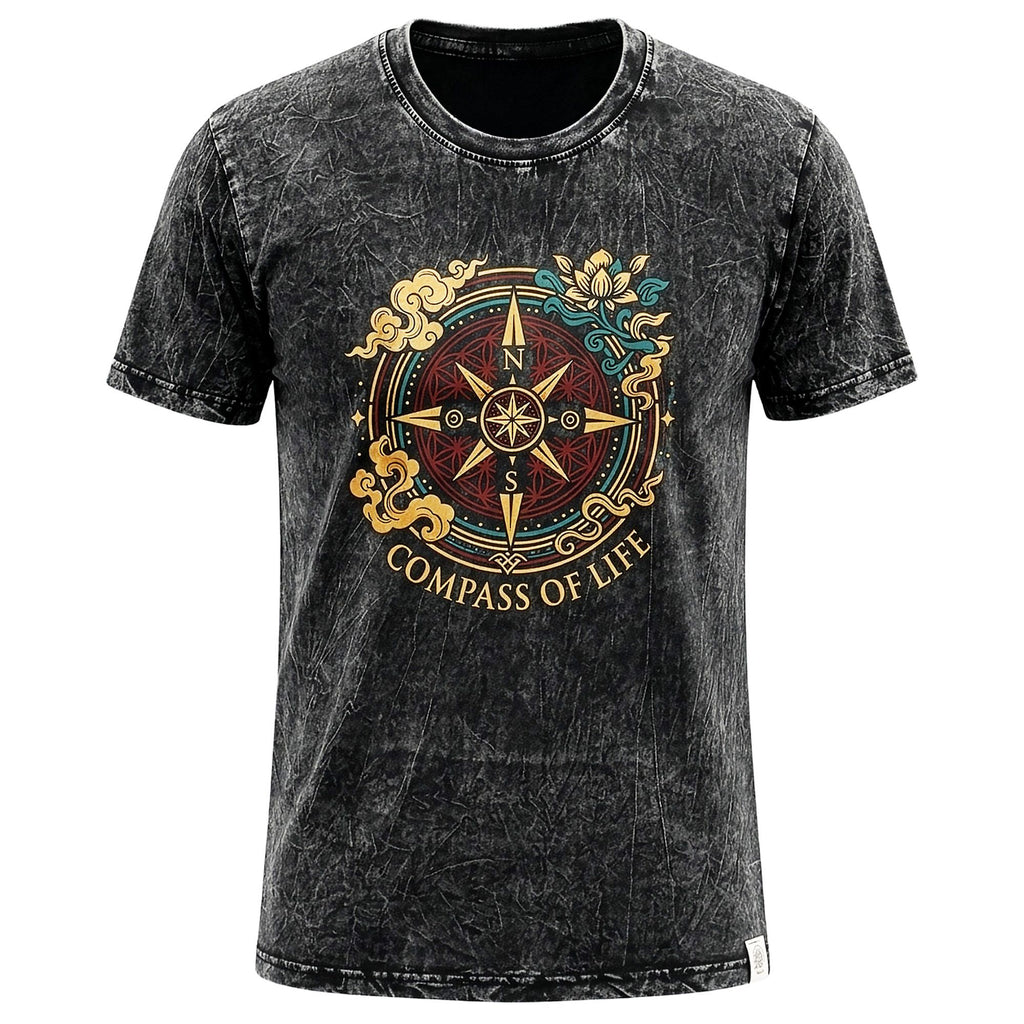 Nomad Sari Stonewashed Cotton T-Shirt - Compass of Life - Charcoal - XL