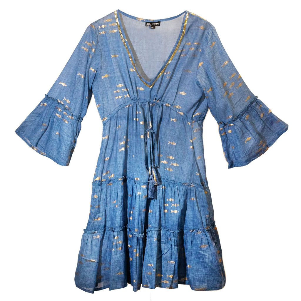(LXL) Nomad Sari On the Med Collection - Kleid - Seeblau & Goldfischmuster