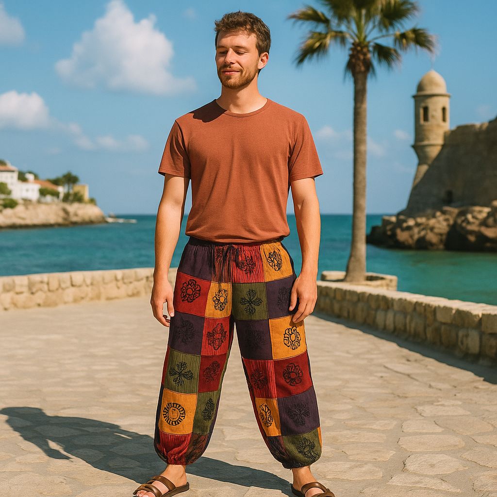 Nomad Sari – Pilzhose – Blockdruck-Designs – Orangetöne (110x120cm) L/XL