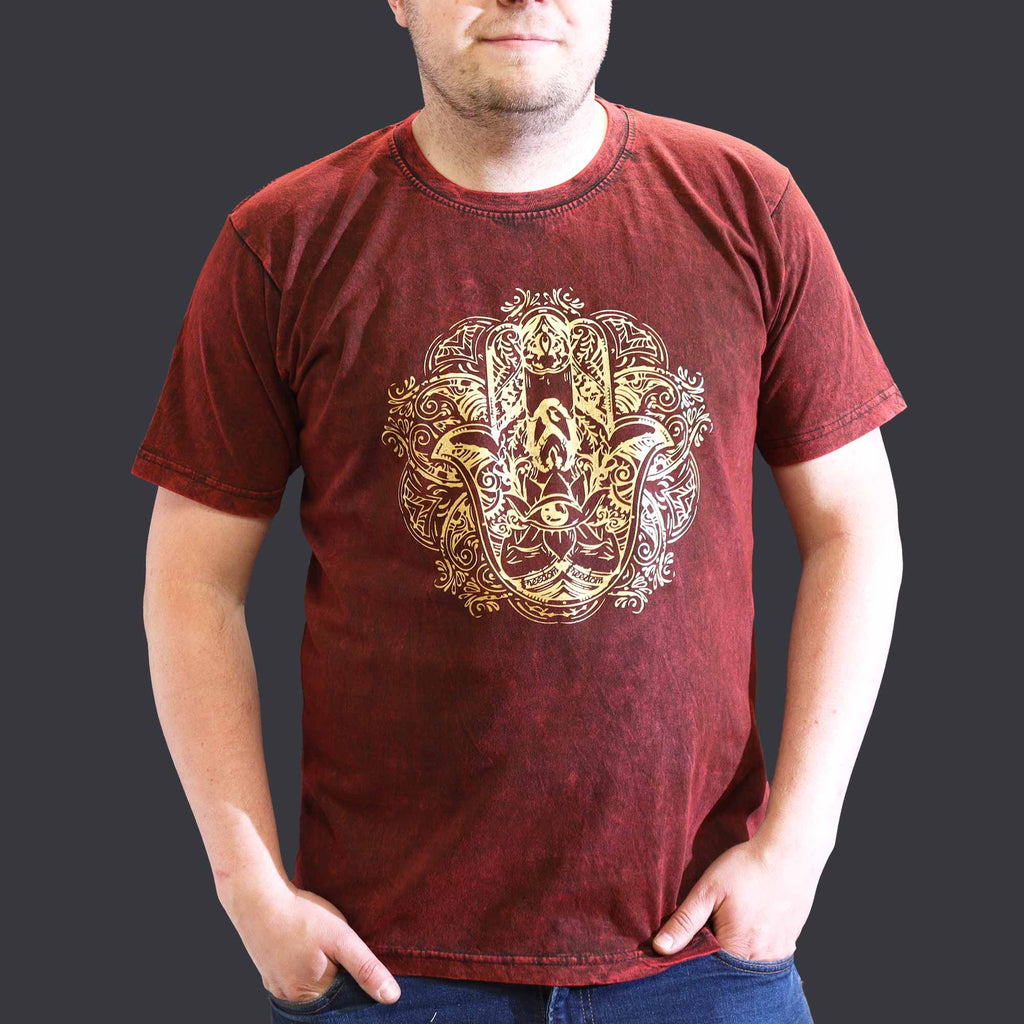 Nomad Sari Stonewashed Baumwoll-T-Shirt – Hamsa – Kastanienbraun – XL