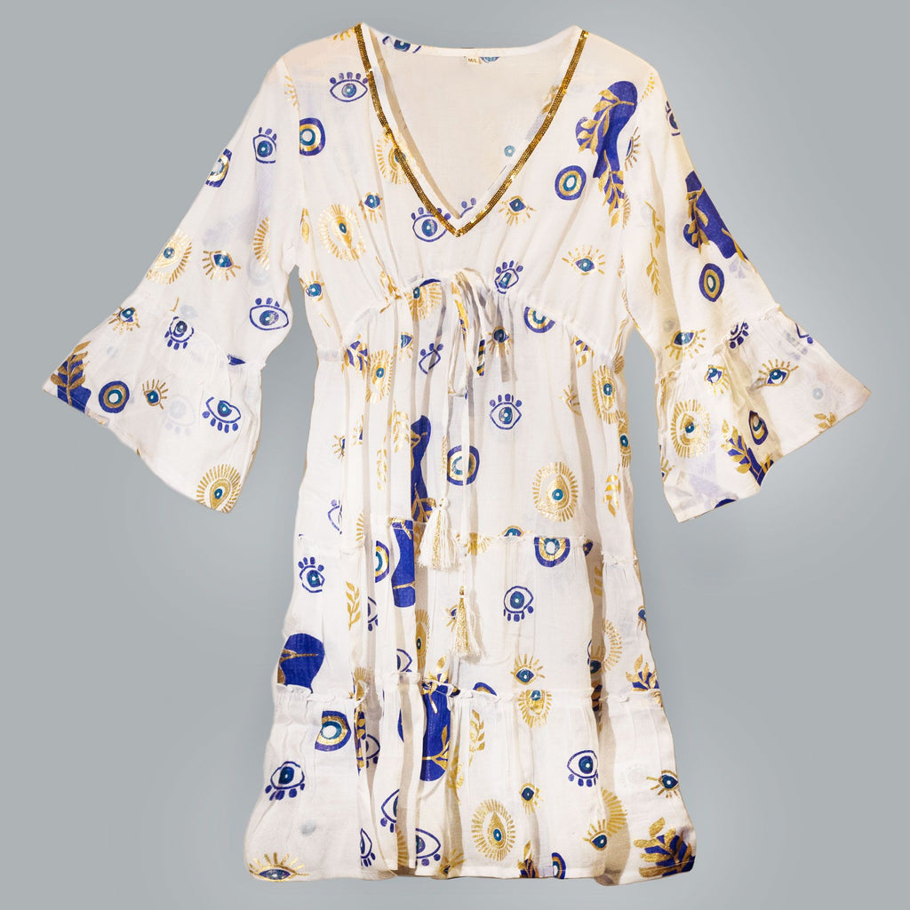 (LXL) Nomad Sari On the Med Kollektion – Kleid – Weiß, Blau & Gold Böser-Blick-Design