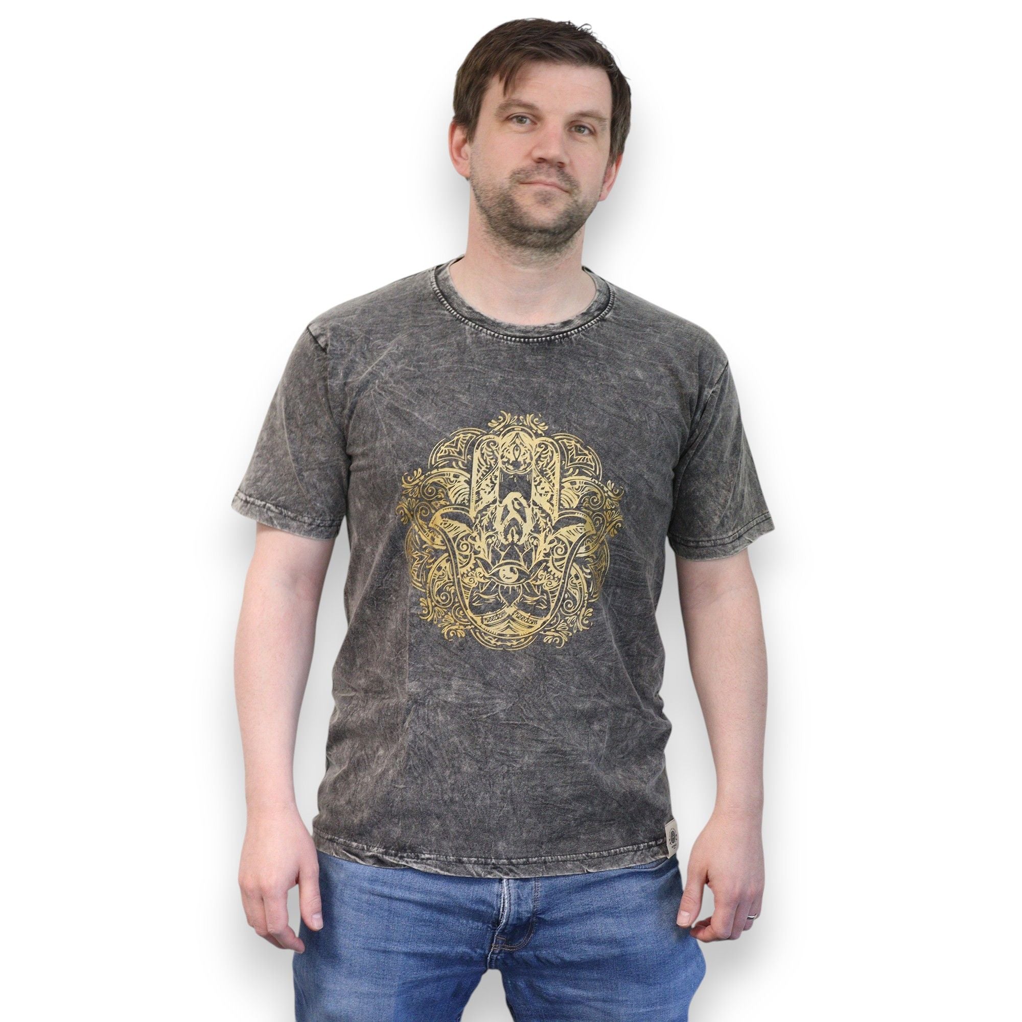 Nomad Sari Stonewashed Cotton T-Shirt – Hamsa – Dark Grey – Medium