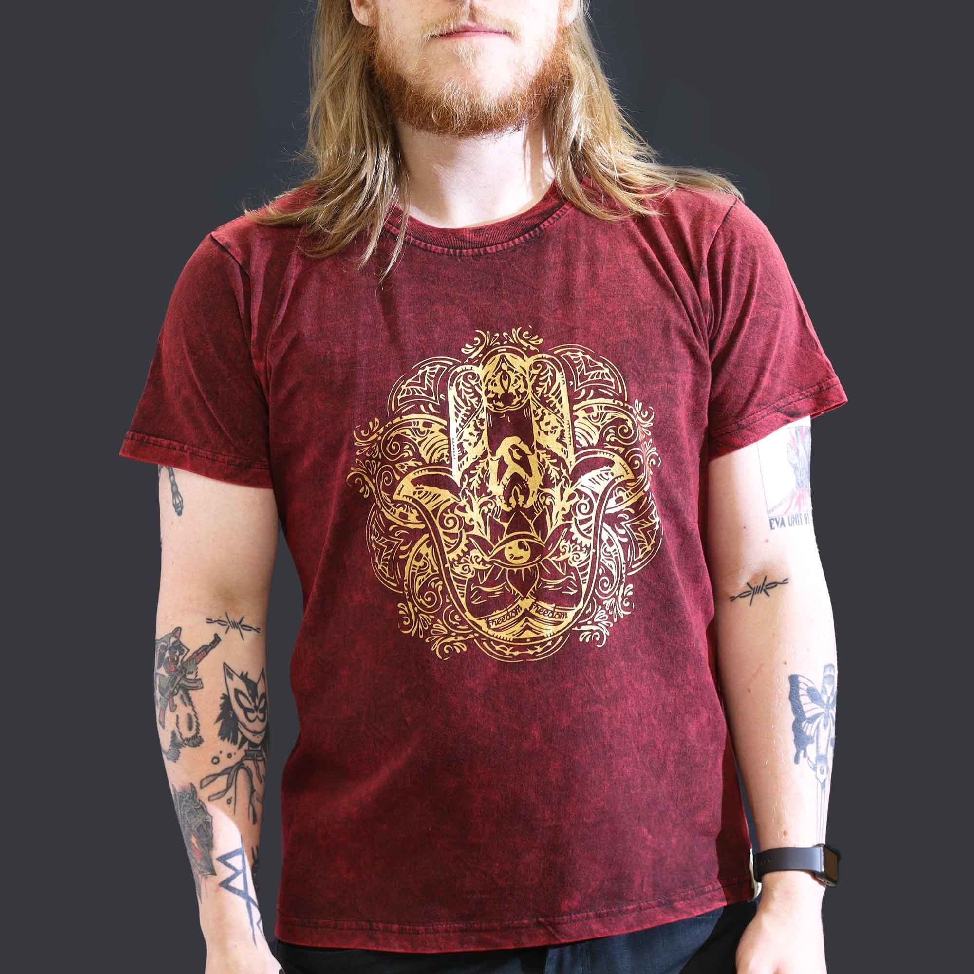 Nomad Sari Stonewashed Cotton T-Shirt – Hamsa – Weinrot – Large