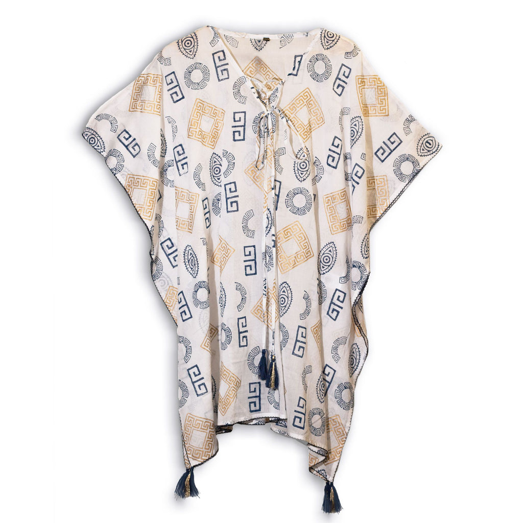 Nomad Sari On the Med Collection - Kaftan - Gold & Blue Greek Motiff - Handpainted