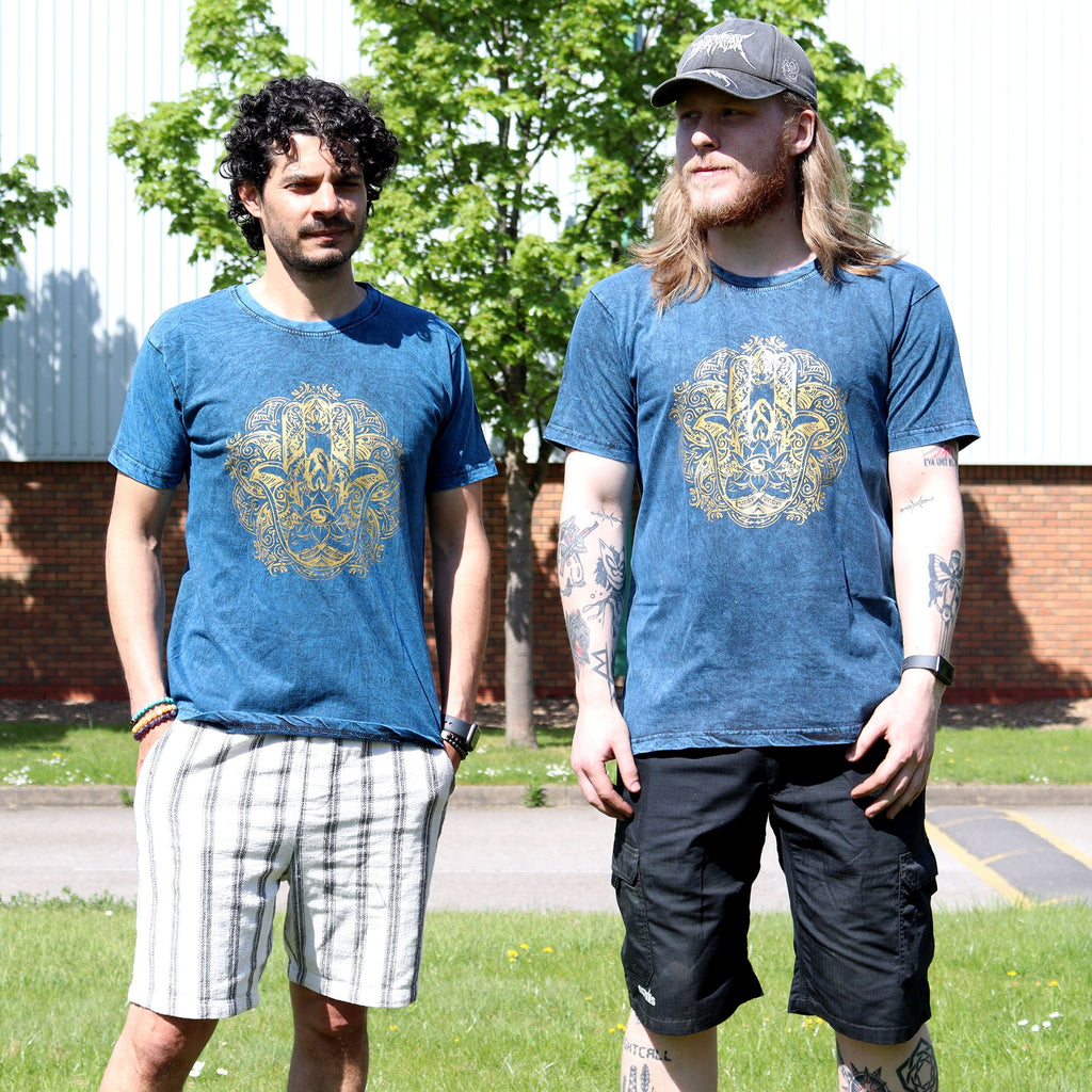 Nomad Sari Stonewashed Baumwoll-T-Shirt – Hamsa – Blau – XL