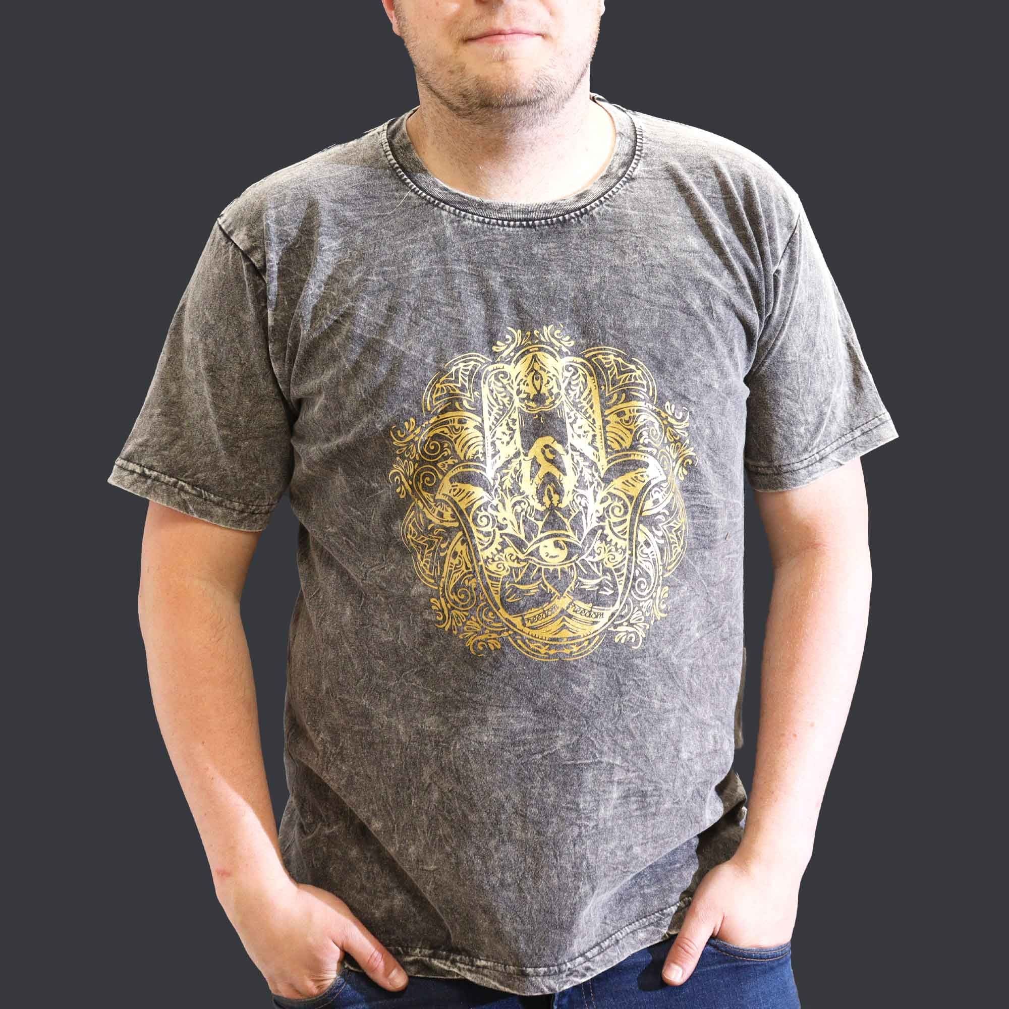 T-shirt in cotone stonewashed Nomad Sari – Hamsa – Grigio scuro – XL