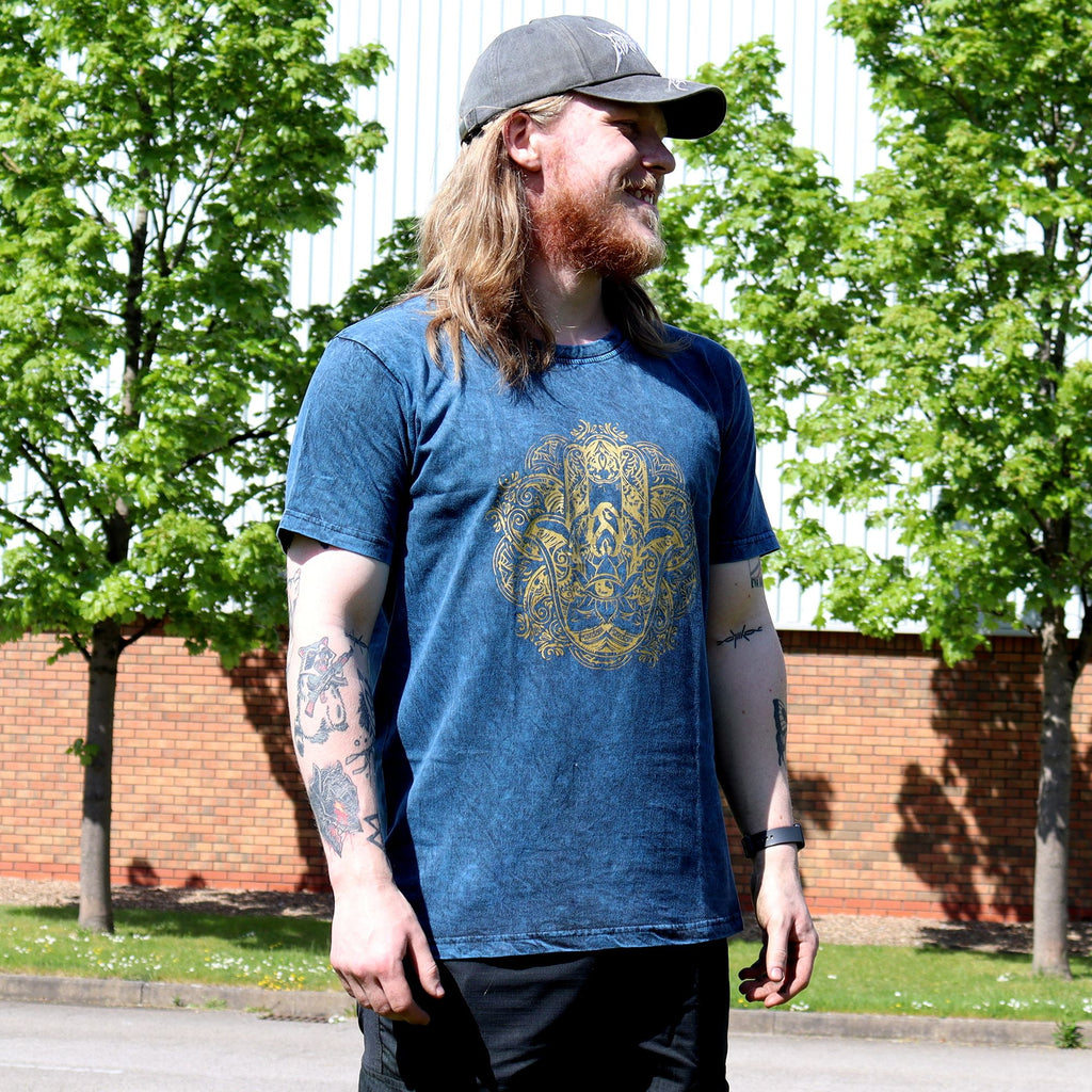 Nomad Sari Stonewashed Baumwoll-T-Shirt – Hamsa – Blau – XL