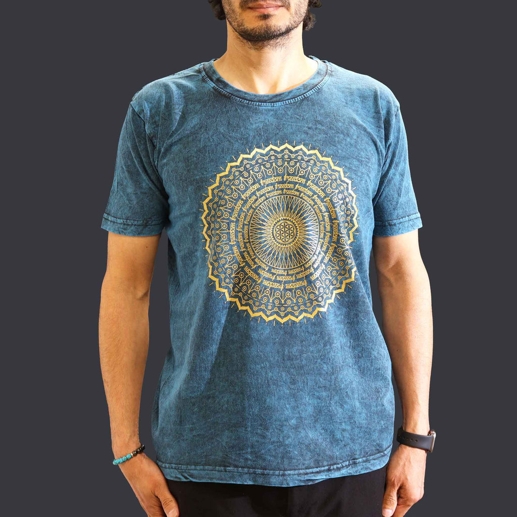Nomad Sari Stonewashed Cotton T-Shirt - Mandala - Blue - Medium