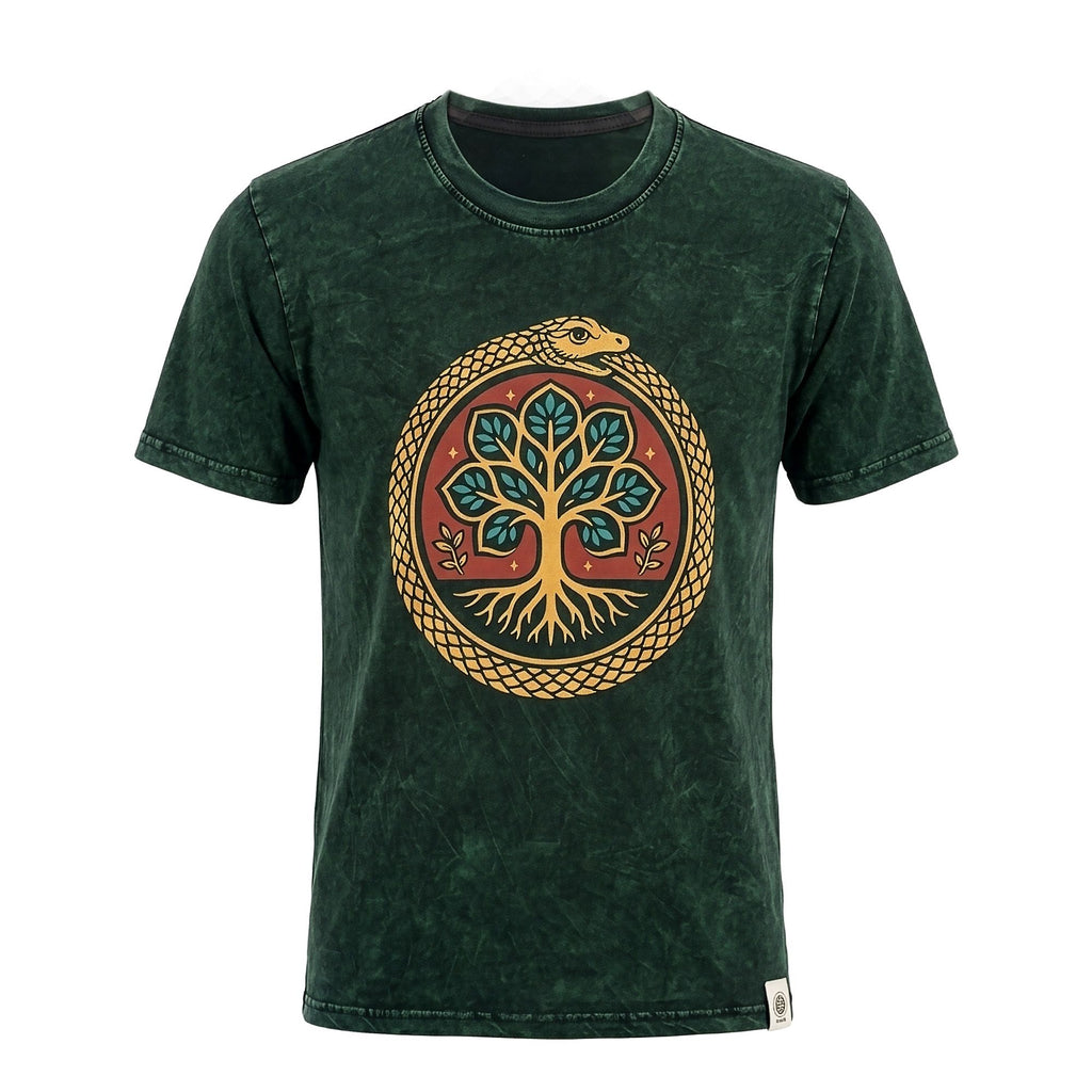 Nomad Sari Stonewashed Baumwoll-T-Shirt – Lebensbaum – Grün – Klein